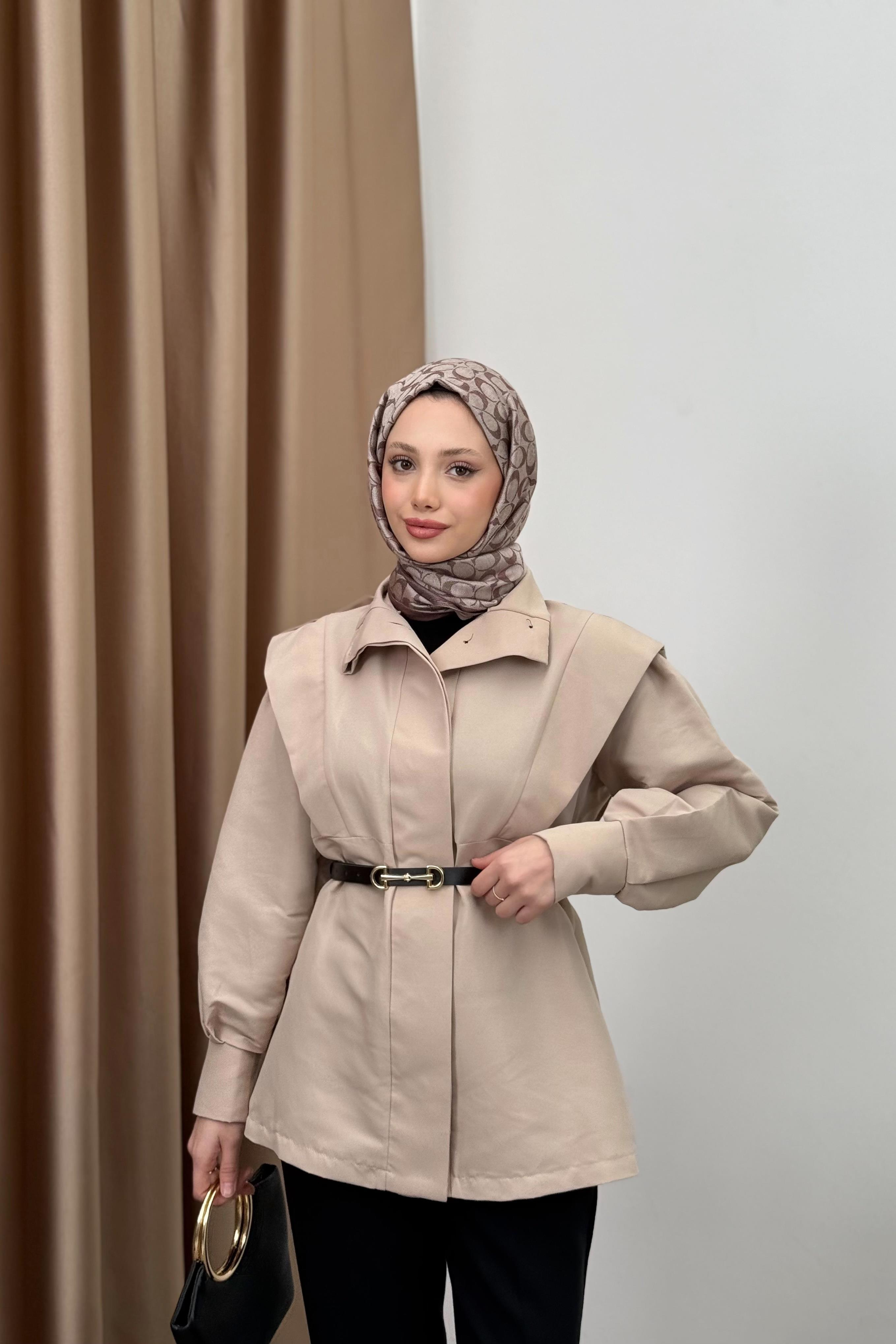 Kemerli Balon Kol Trenç - Bej