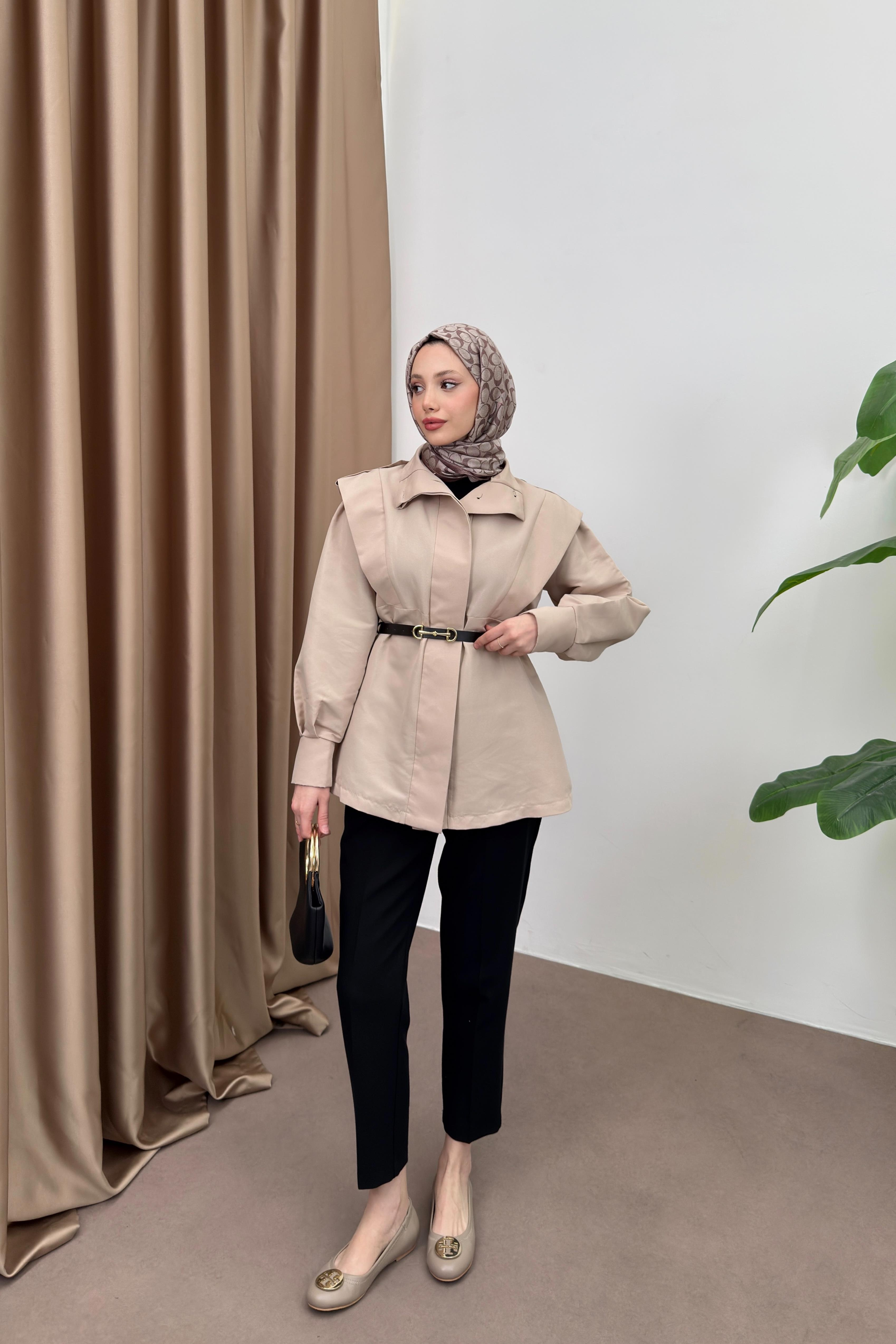 Kemerli Balon Kol Trenç - Bej