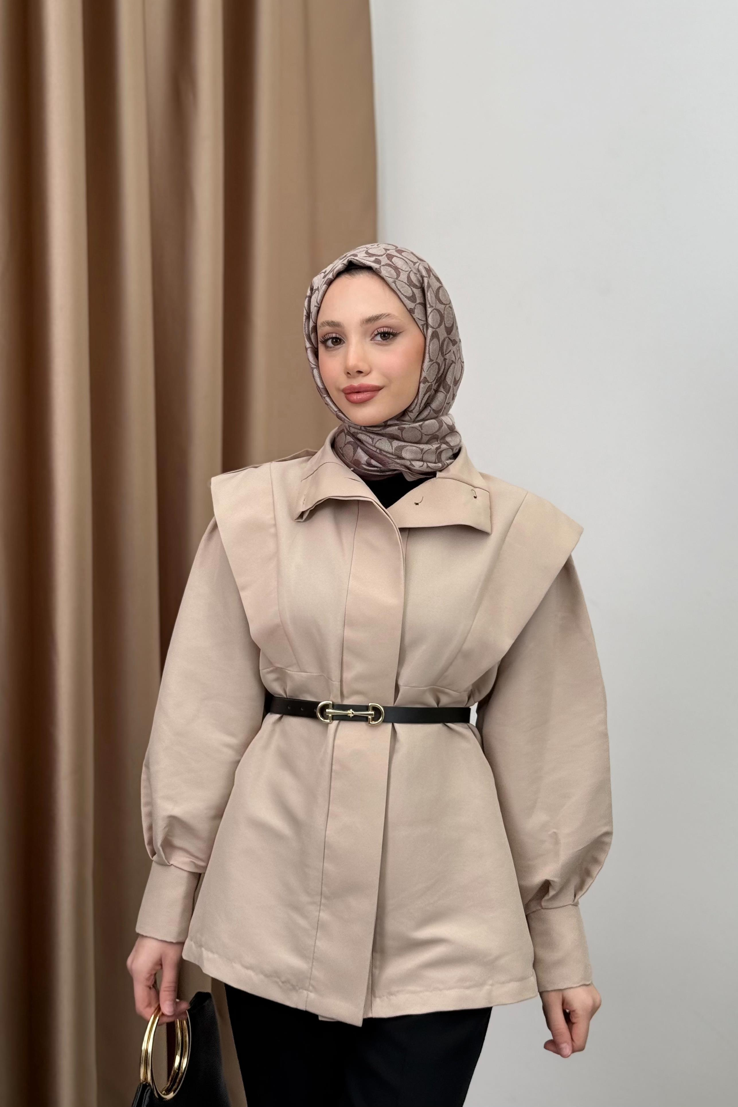 Kemerli Balon Kol Trenç - Bej