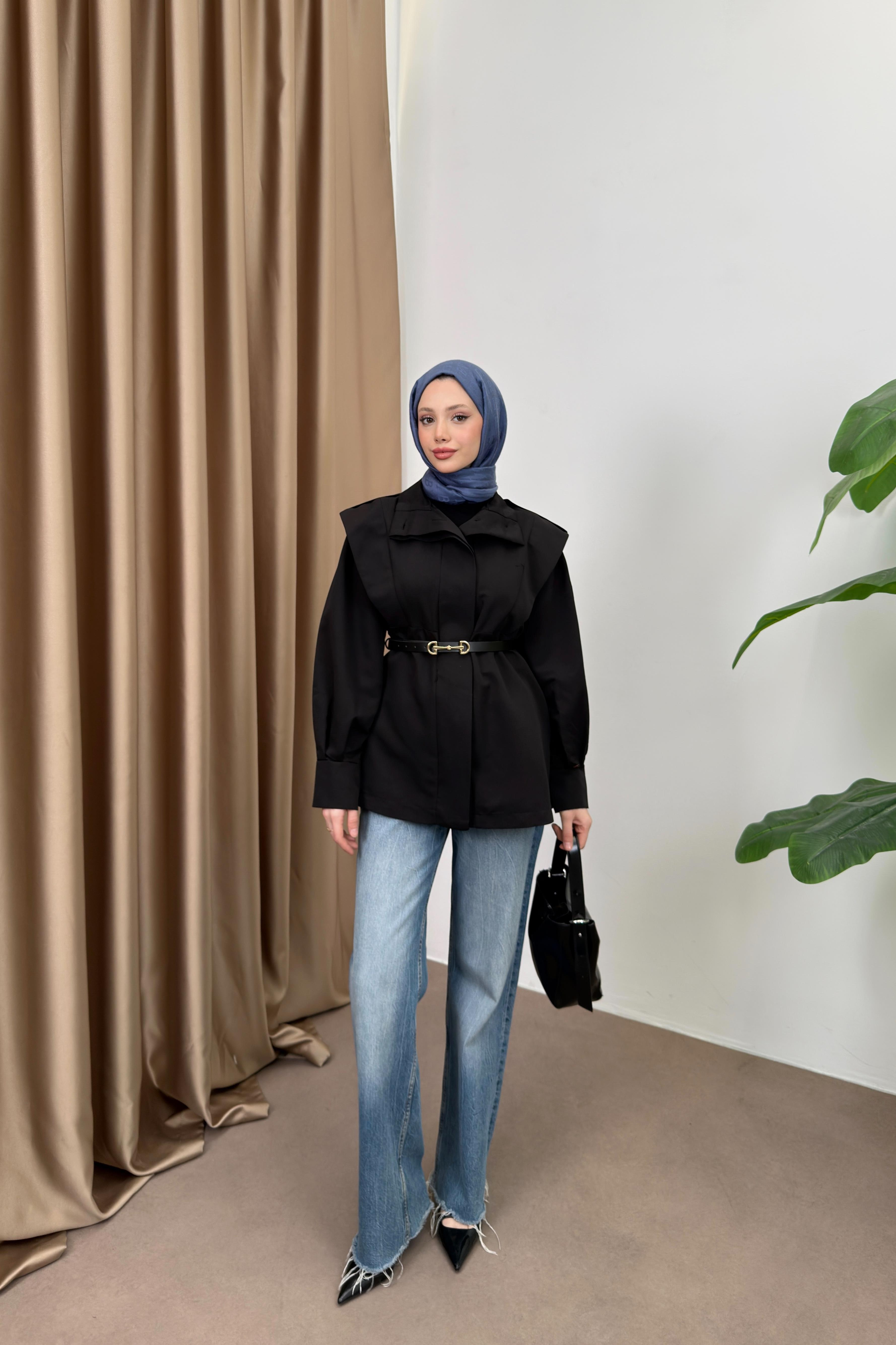 Kemerli Balon Kol Trenç - Siyah