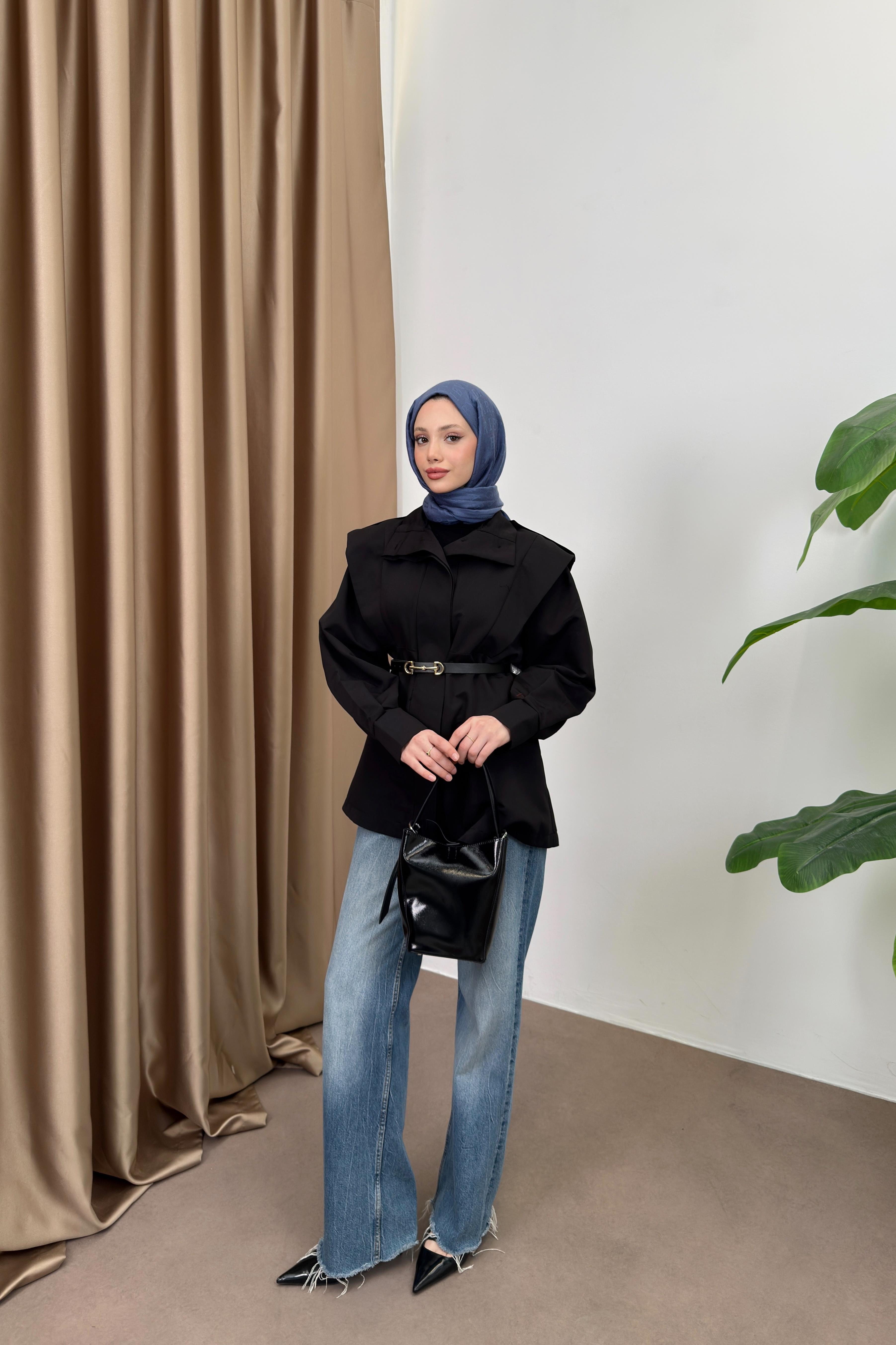 Kemerli Balon Kol Trenç - Siyah