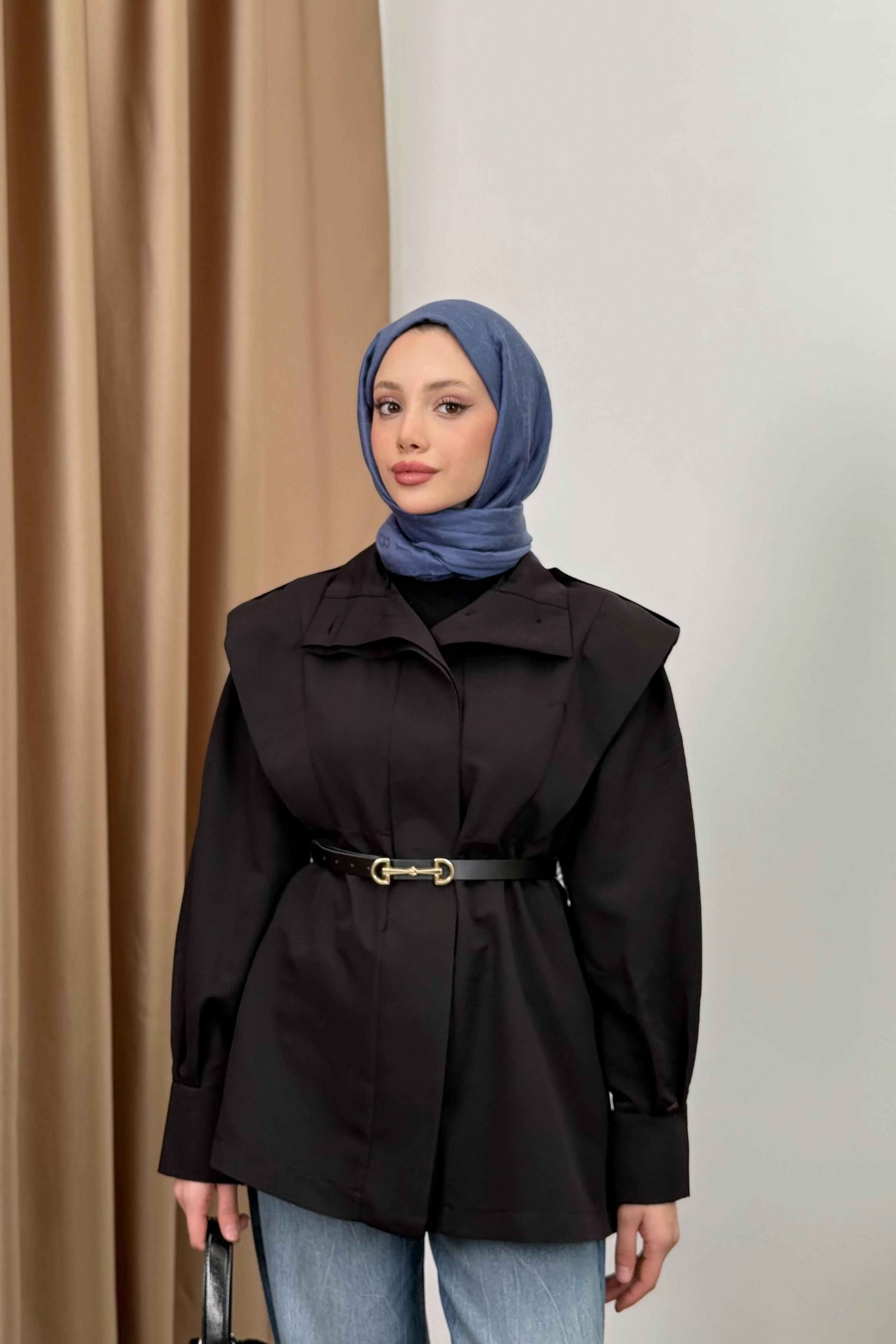 Kemerli Balon Kol Trenç - Siyah