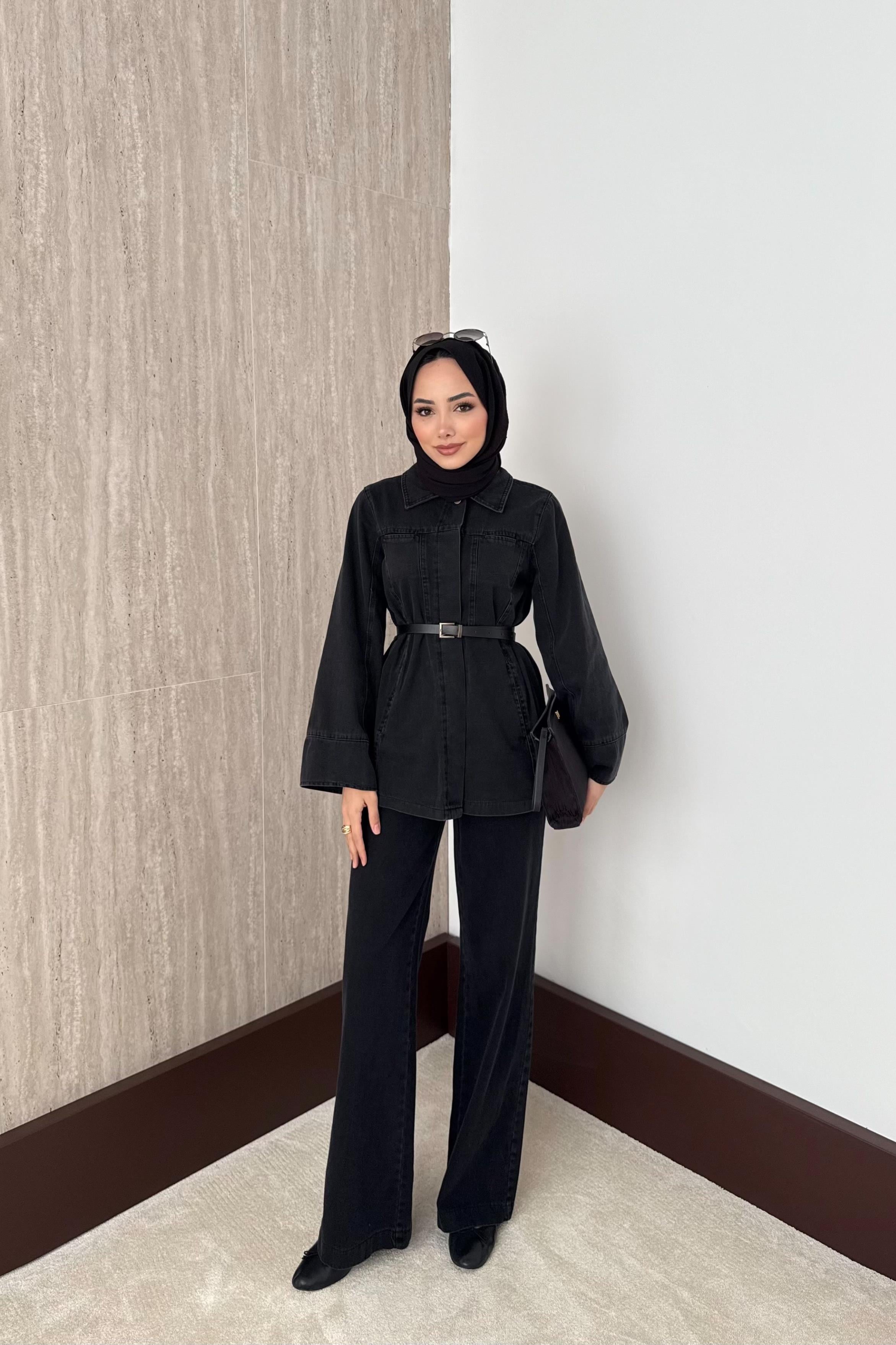 Kemerli Kot Pantolonlu Takım - Siyah