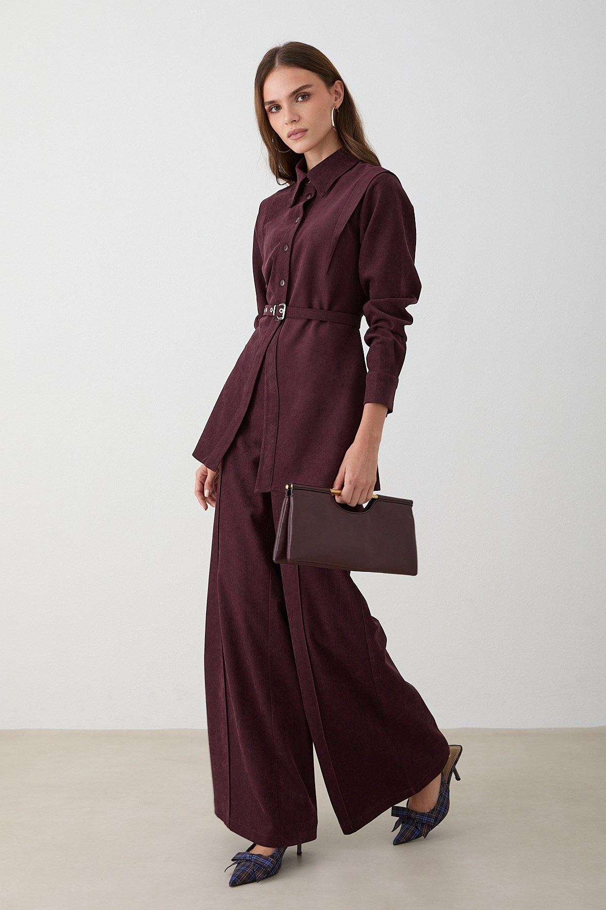Kemerli Süet Pantolonlu Takım - Bordo