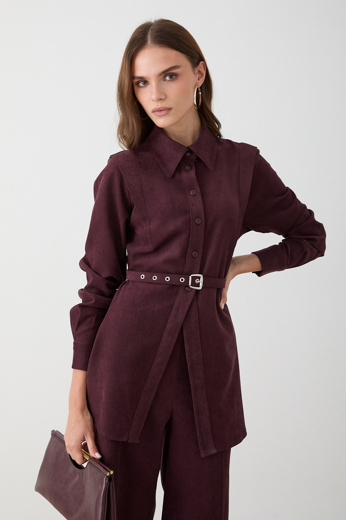 Kemerli Süet Pantolonlu Takım - Bordo