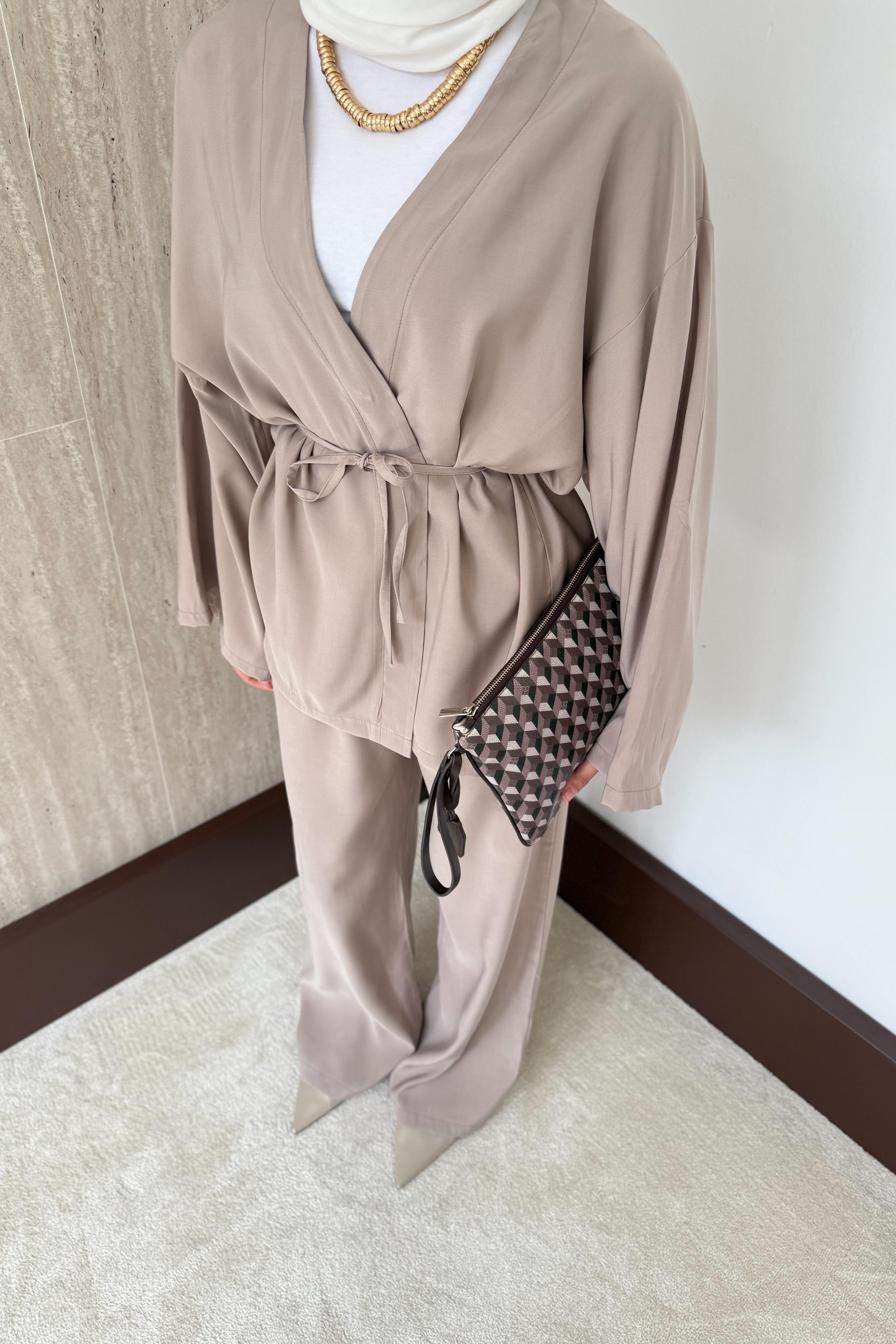 Kimonolu Modal Pantolonlu Takım - Taş