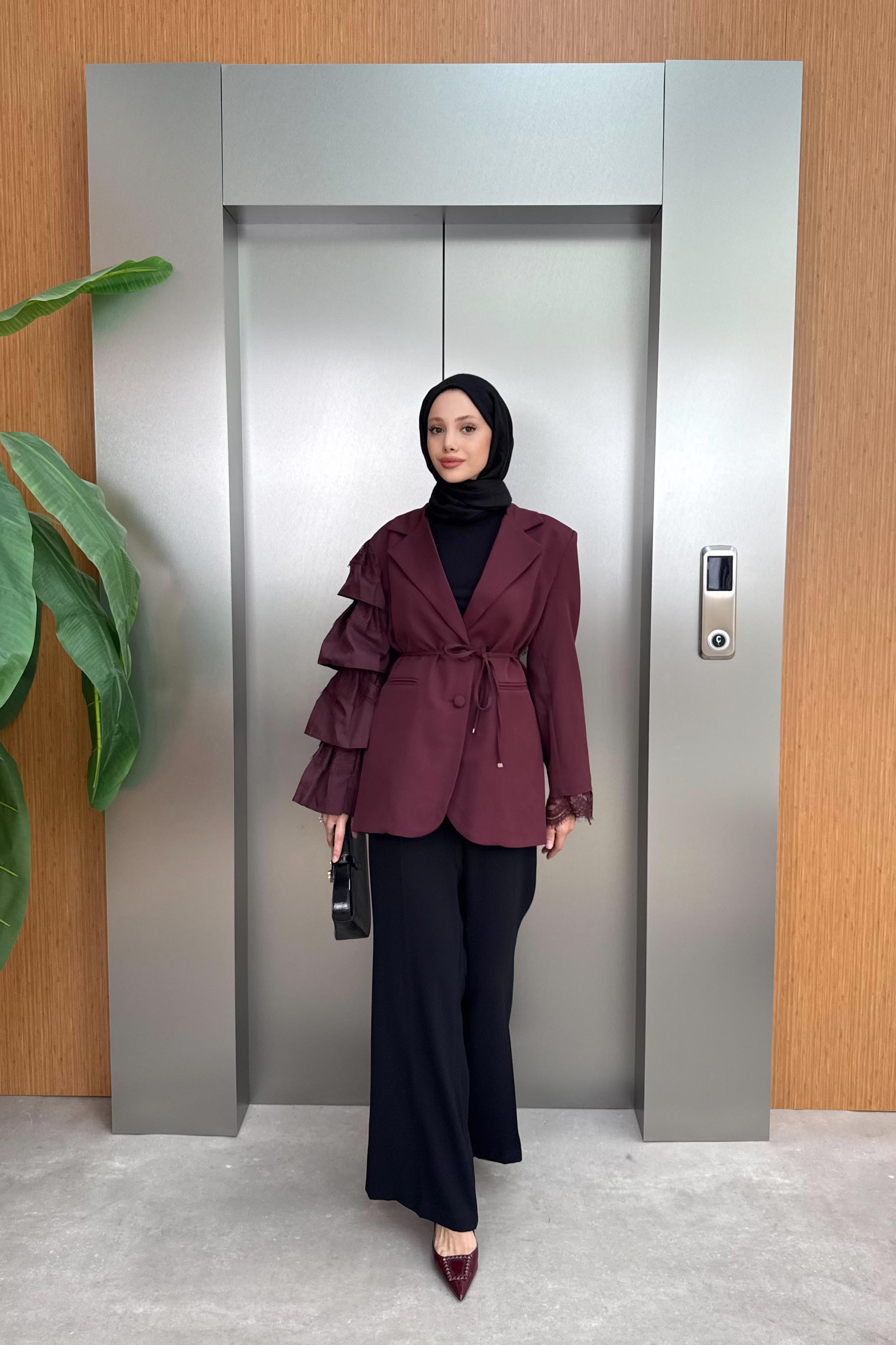 Kol Dantelli Premium Ceket - Bordo