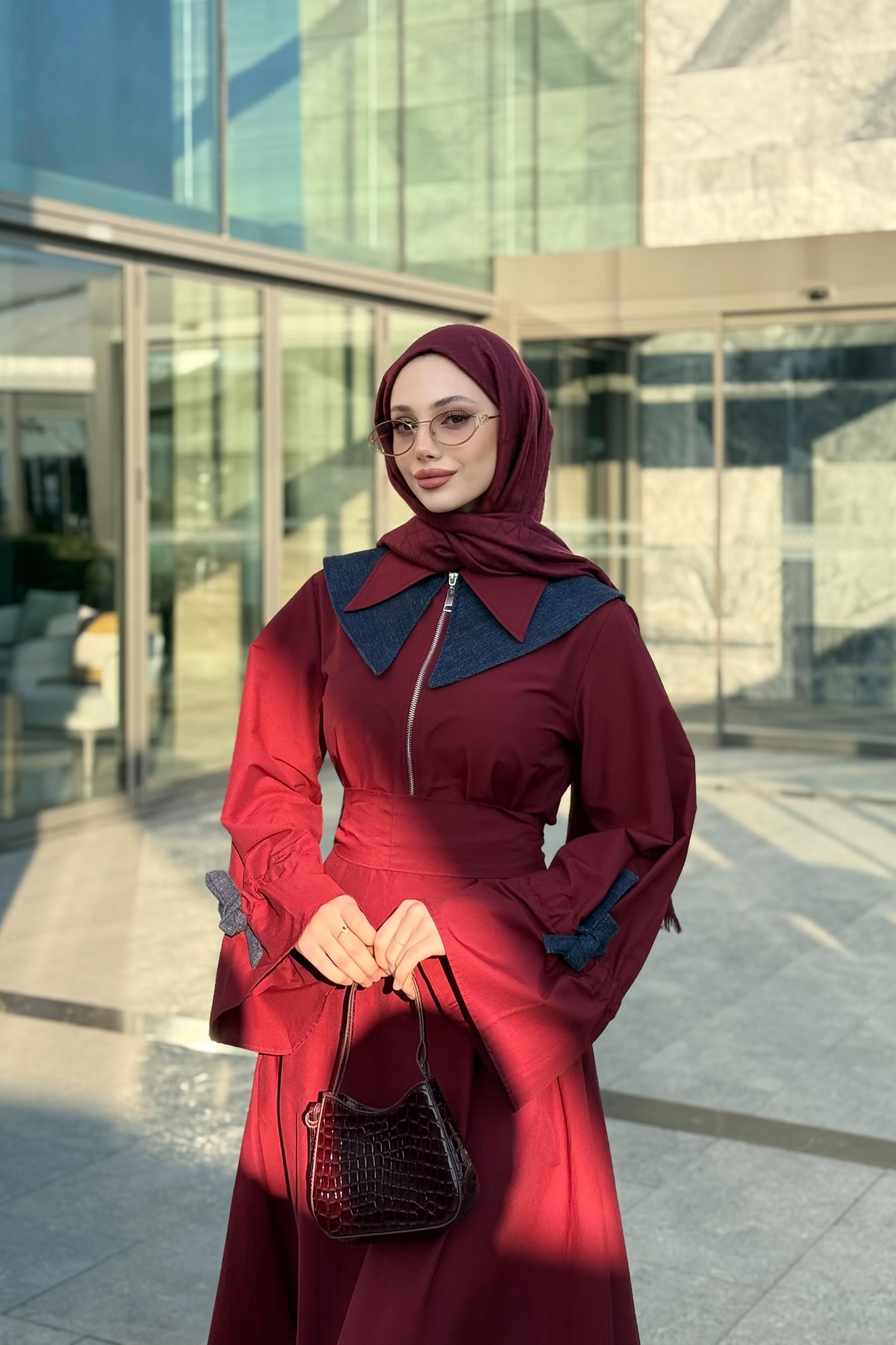 Kot Yakalı Poplin Elbise - Bordo