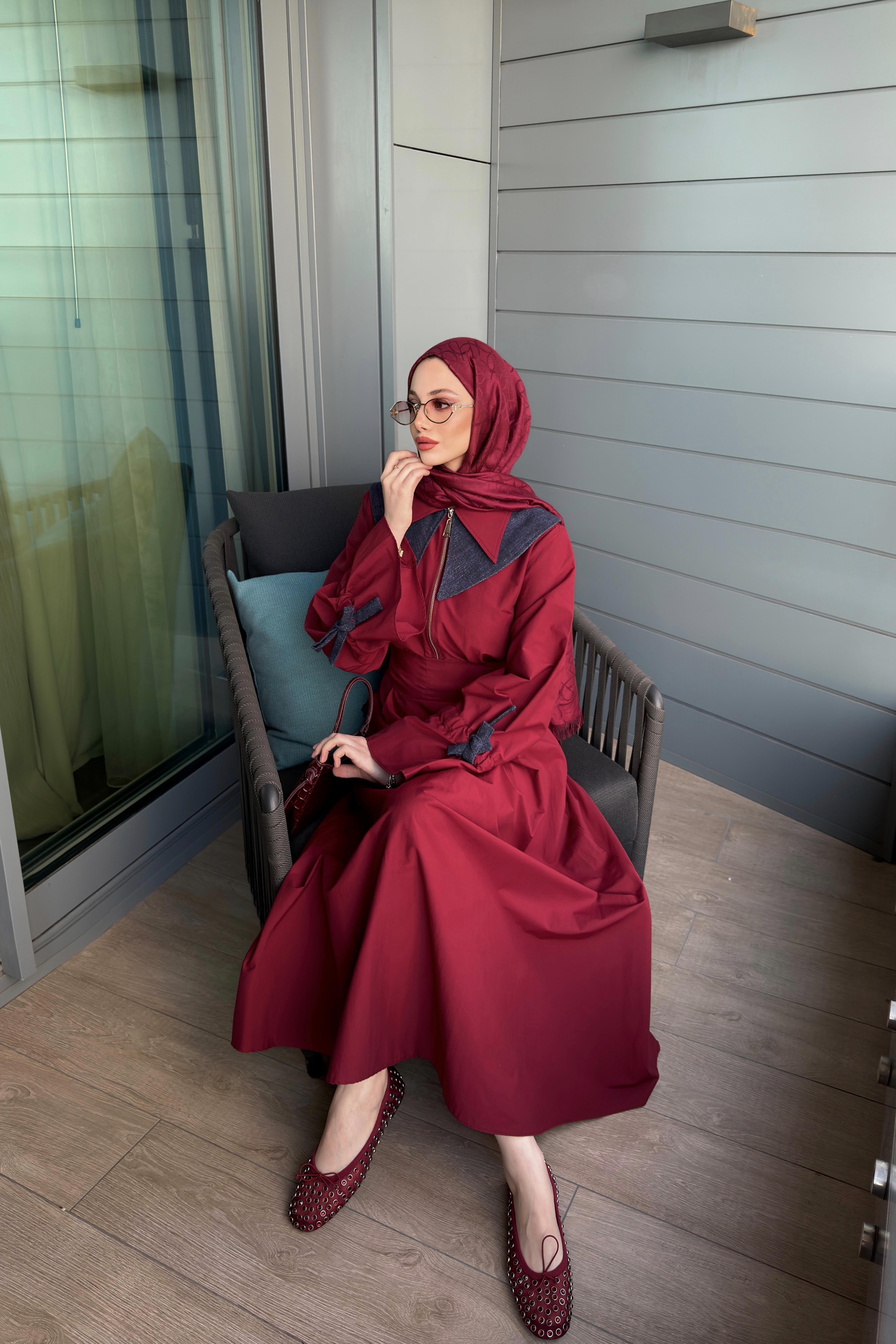 Kot Yakalı Poplin Elbise - Bordo