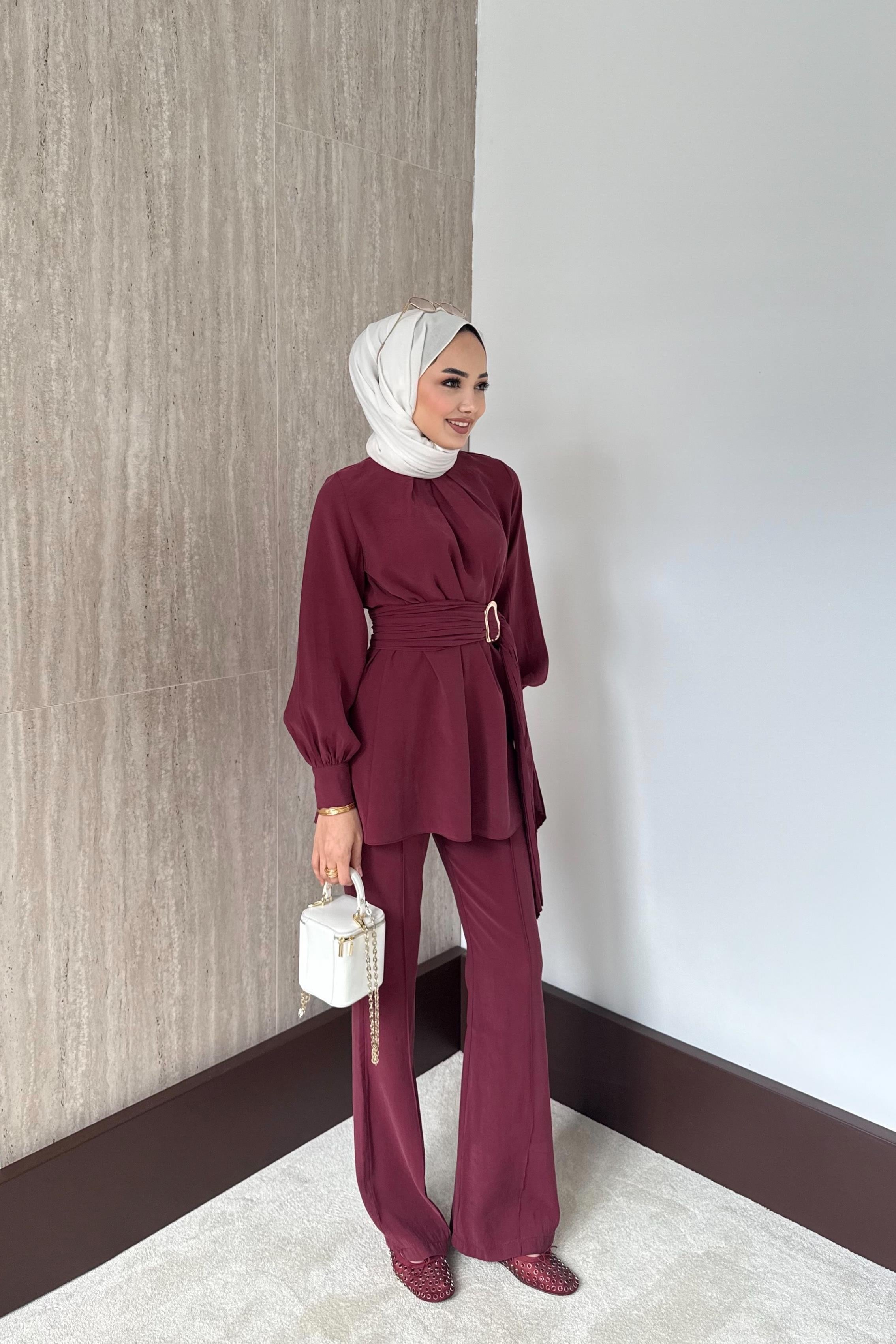 Kraş Kemerli Modal Pantolonlu Takım - Bordo
