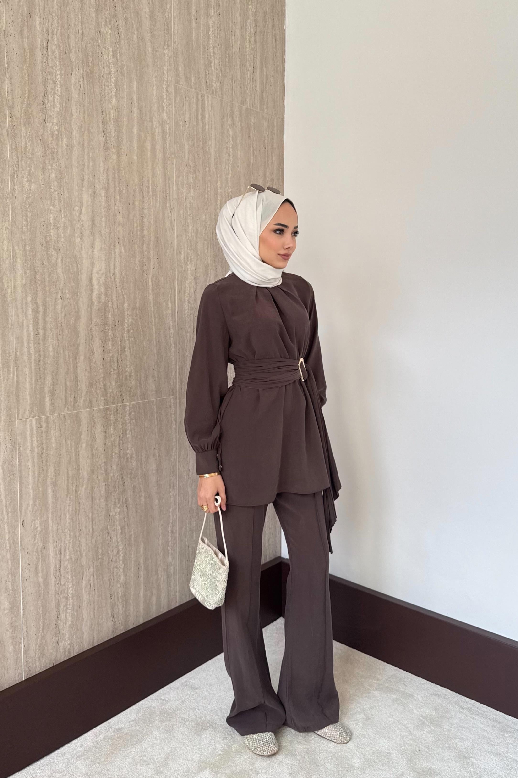 Kraş Kemerli Modal Pantolonlu Takım - Kahve