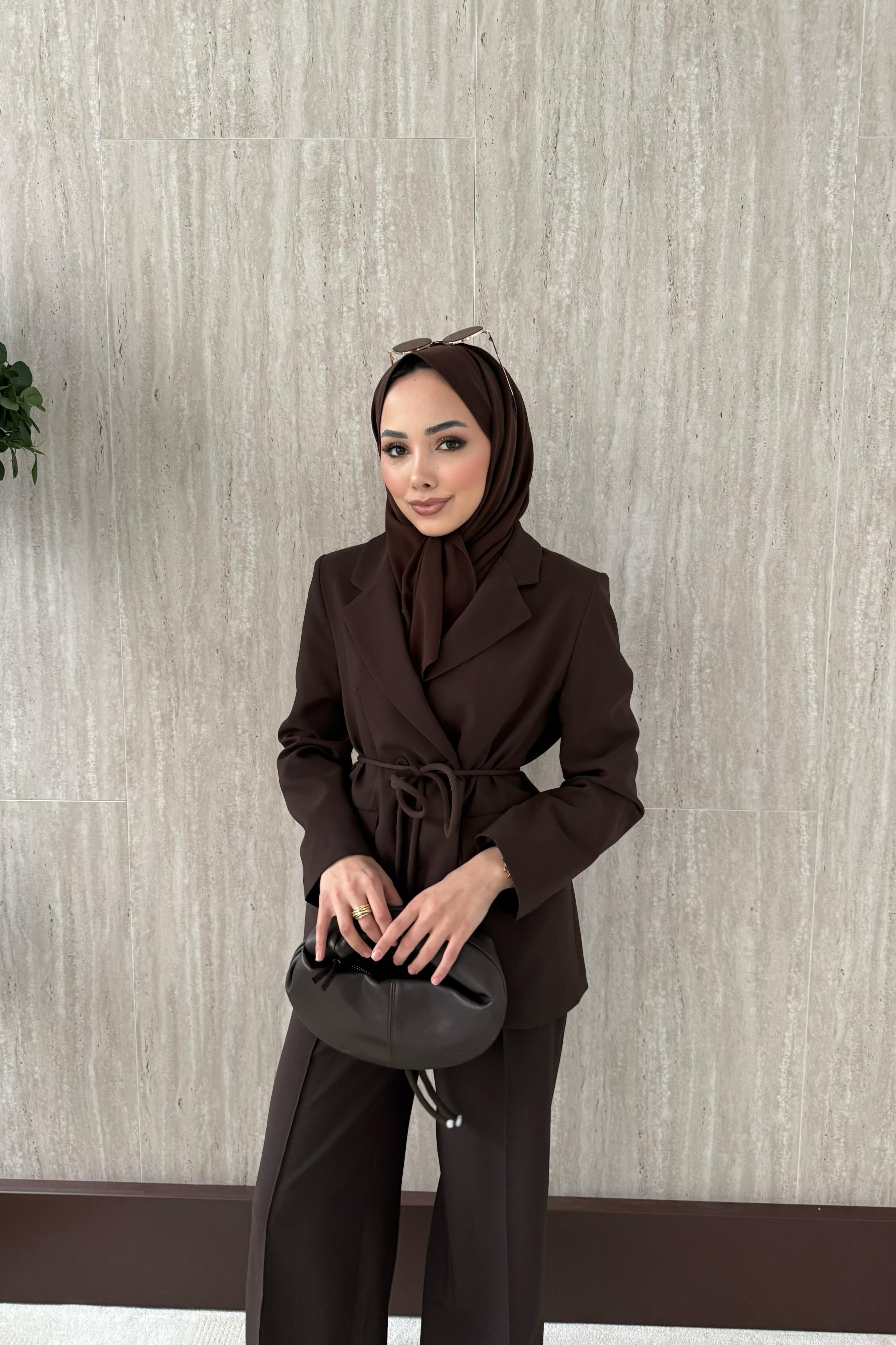 Kruvaze Yaka Blazer Ceketli Takım - Kahve