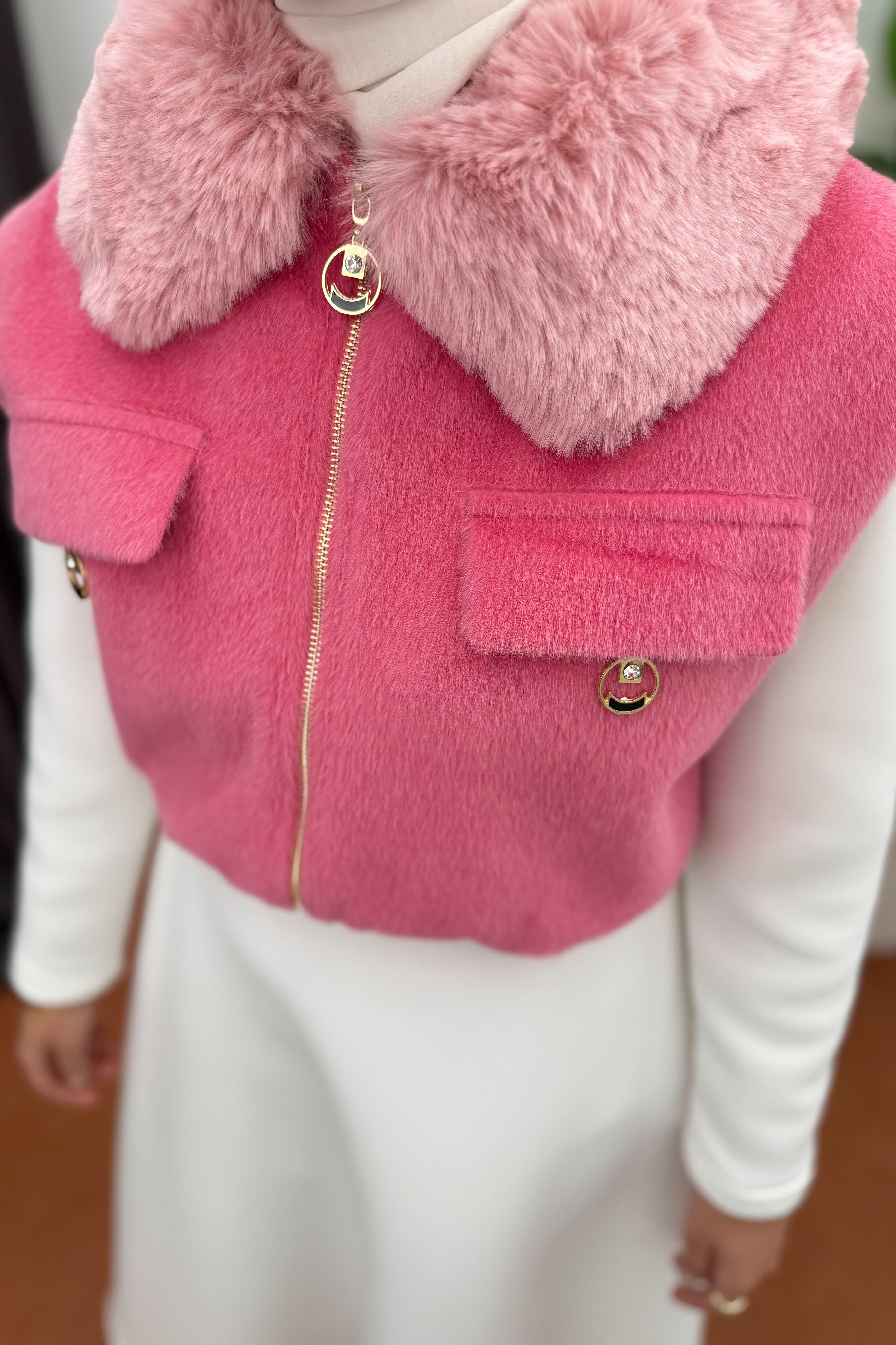 KÜRK YAKA KAŞE YELEK - PEMBE