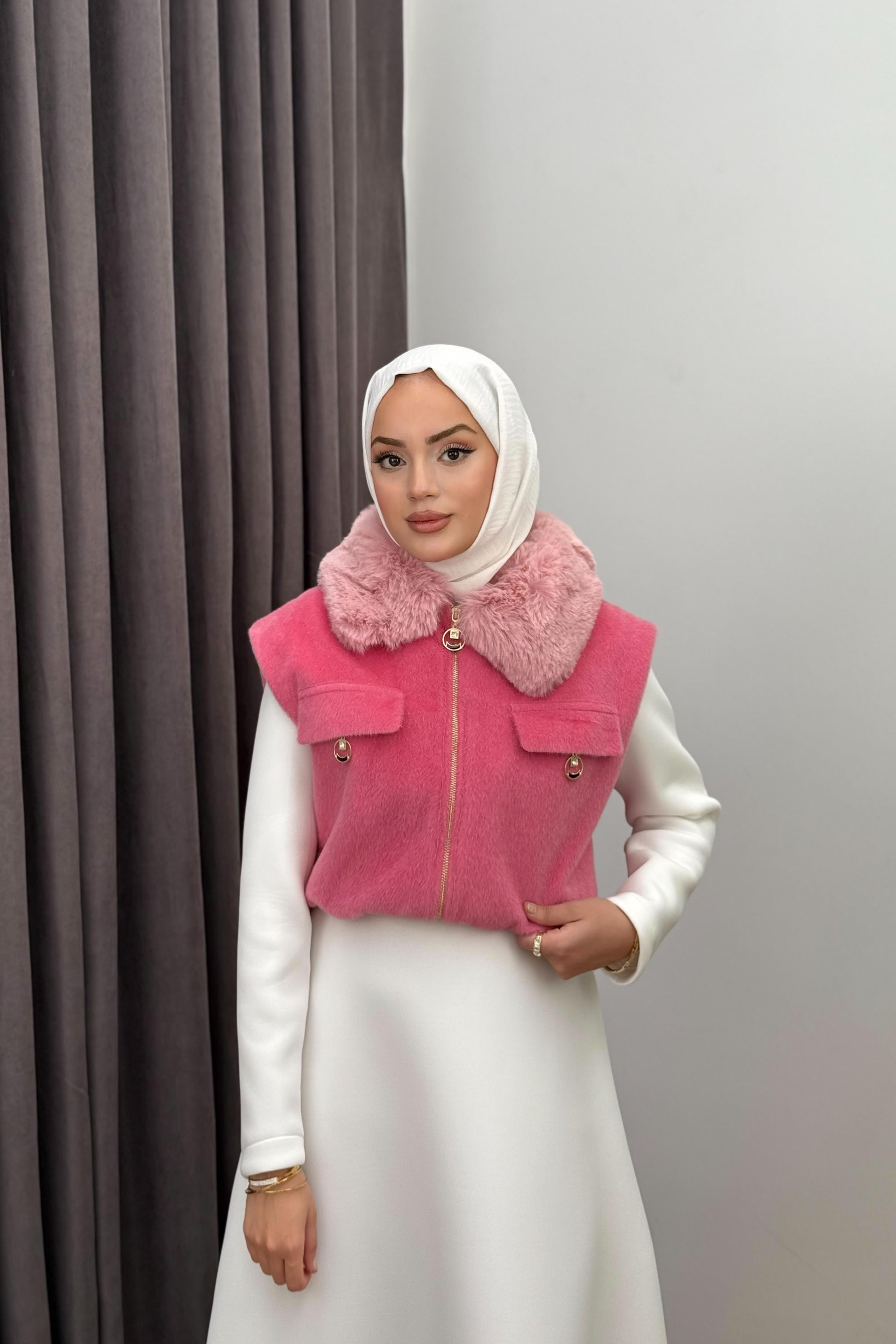 KÜRK YAKA KAŞE YELEK - PEMBE