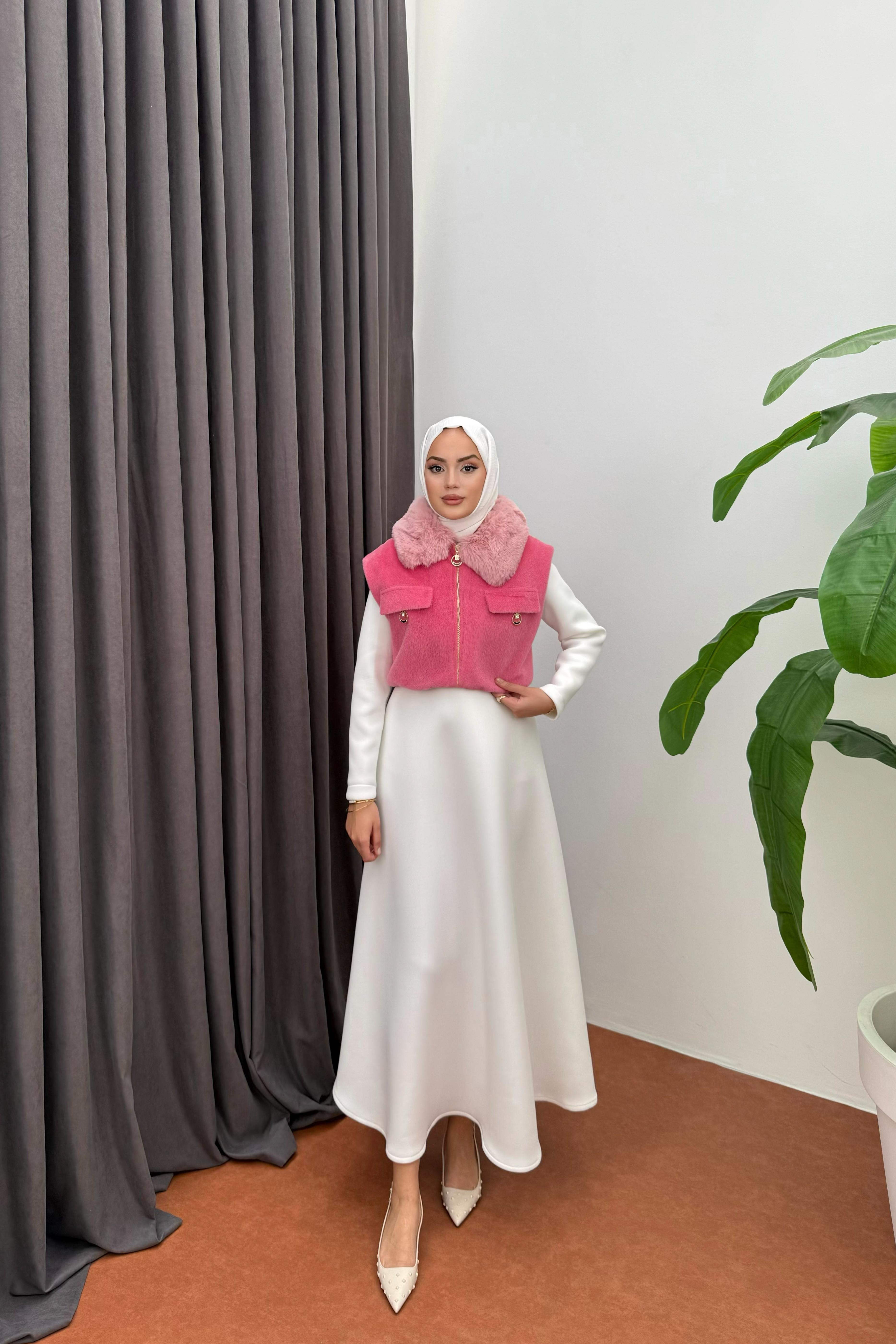 KÜRK YAKA KAŞE YELEK - PEMBE