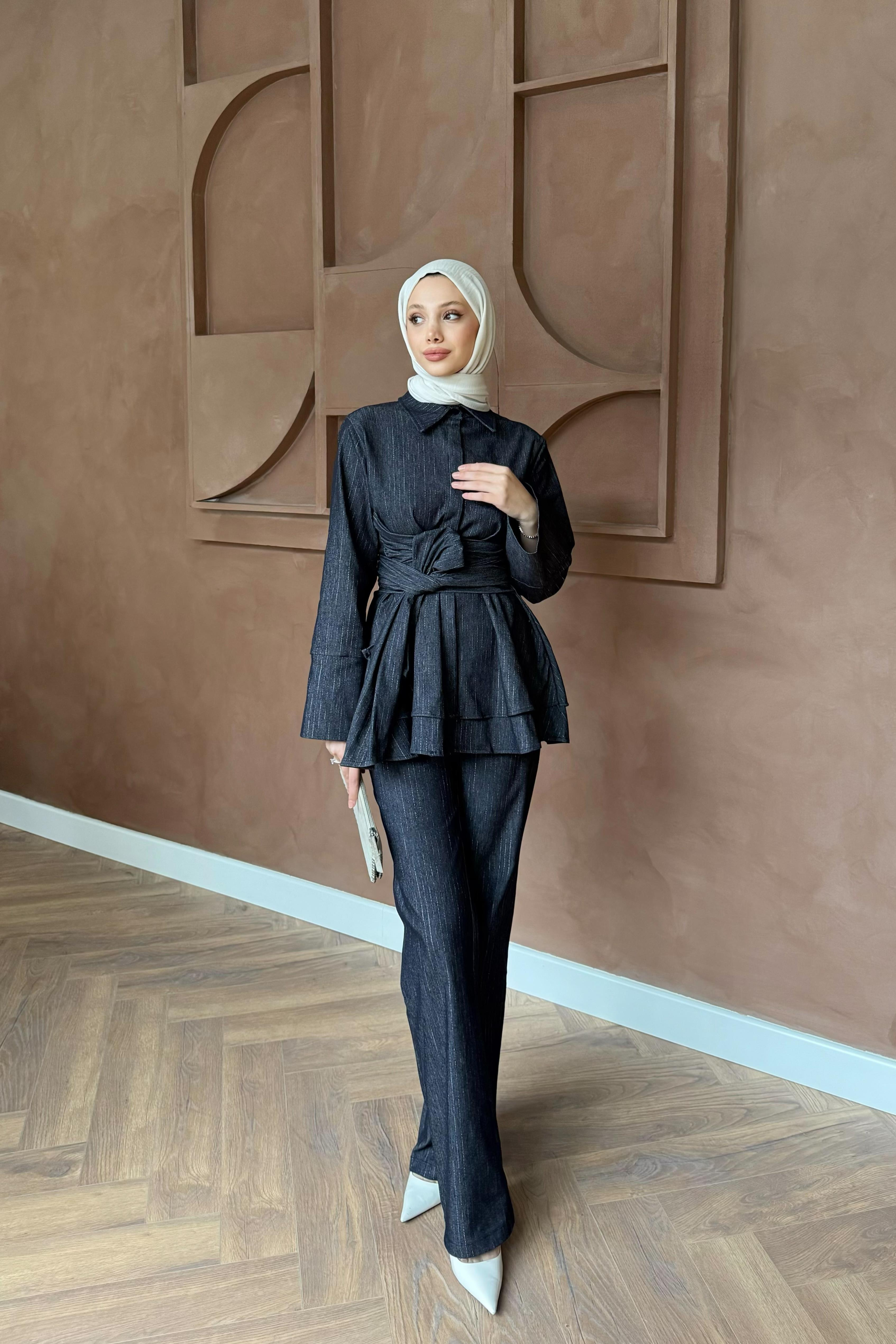 Kuşak Bağlamalı Kot Takım - Mavi