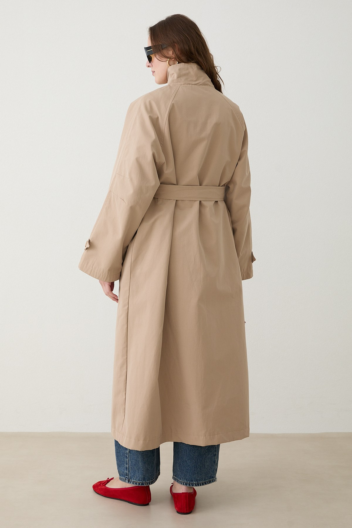 Kuşaklı Oversize Trençkot - Bej