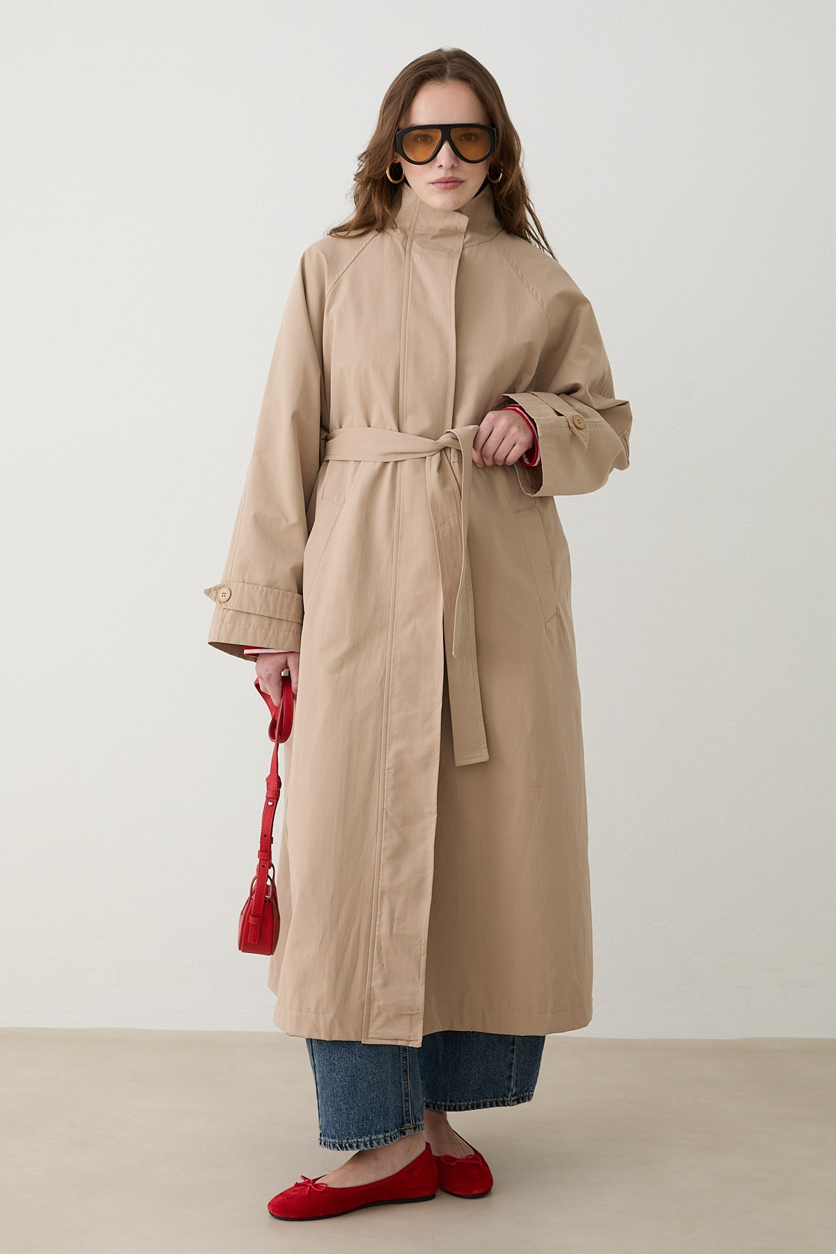 Kuşaklı Oversize Trençkot - Bej