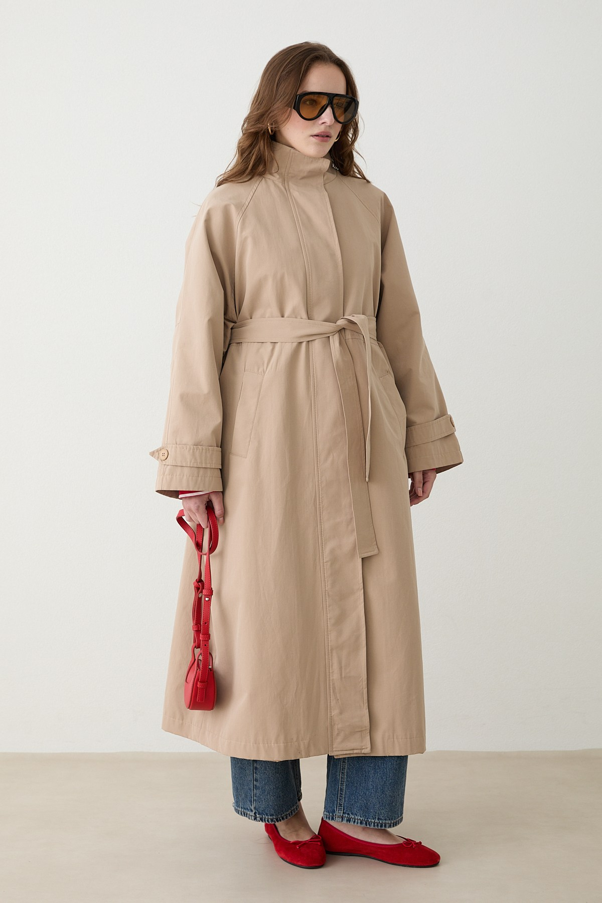 Kuşaklı Oversize Trençkot - Bej