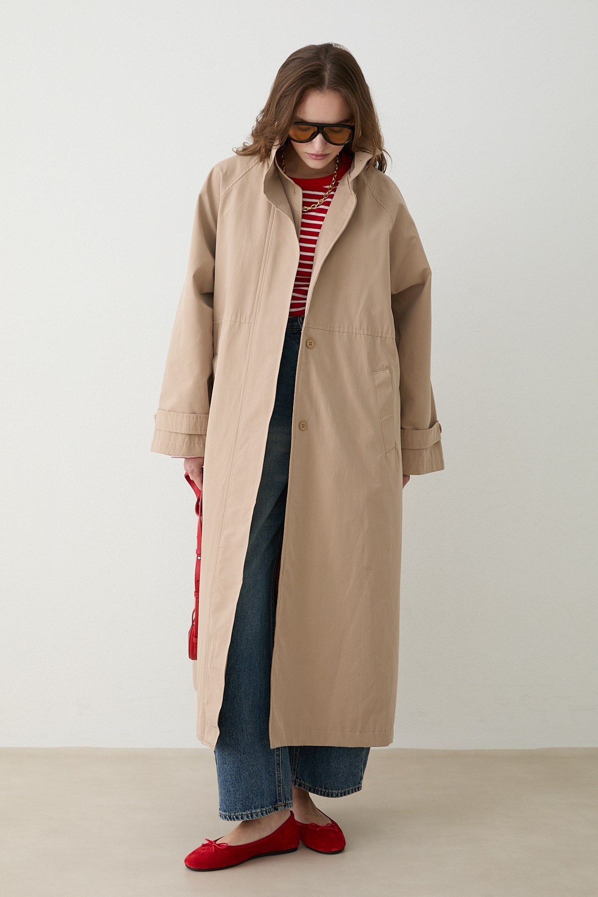 Kuşaklı Oversize Trençkot - Bej