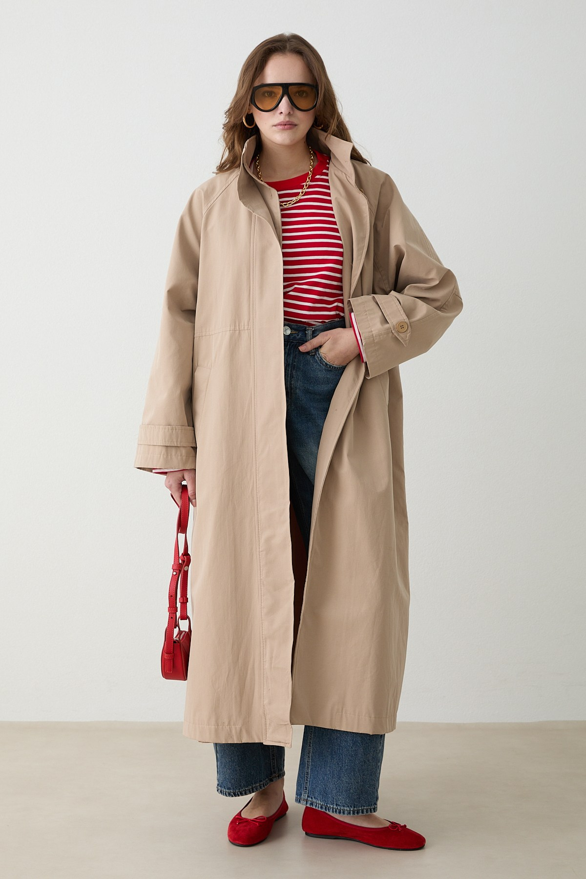 Kuşaklı Oversize Trençkot - Bej