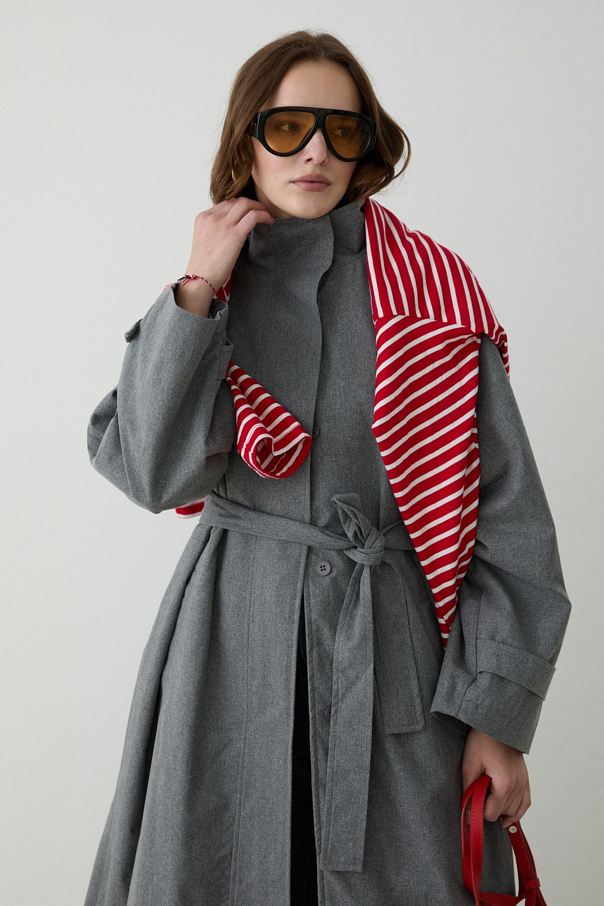 Kuşaklı Oversize Trençkot - Gri