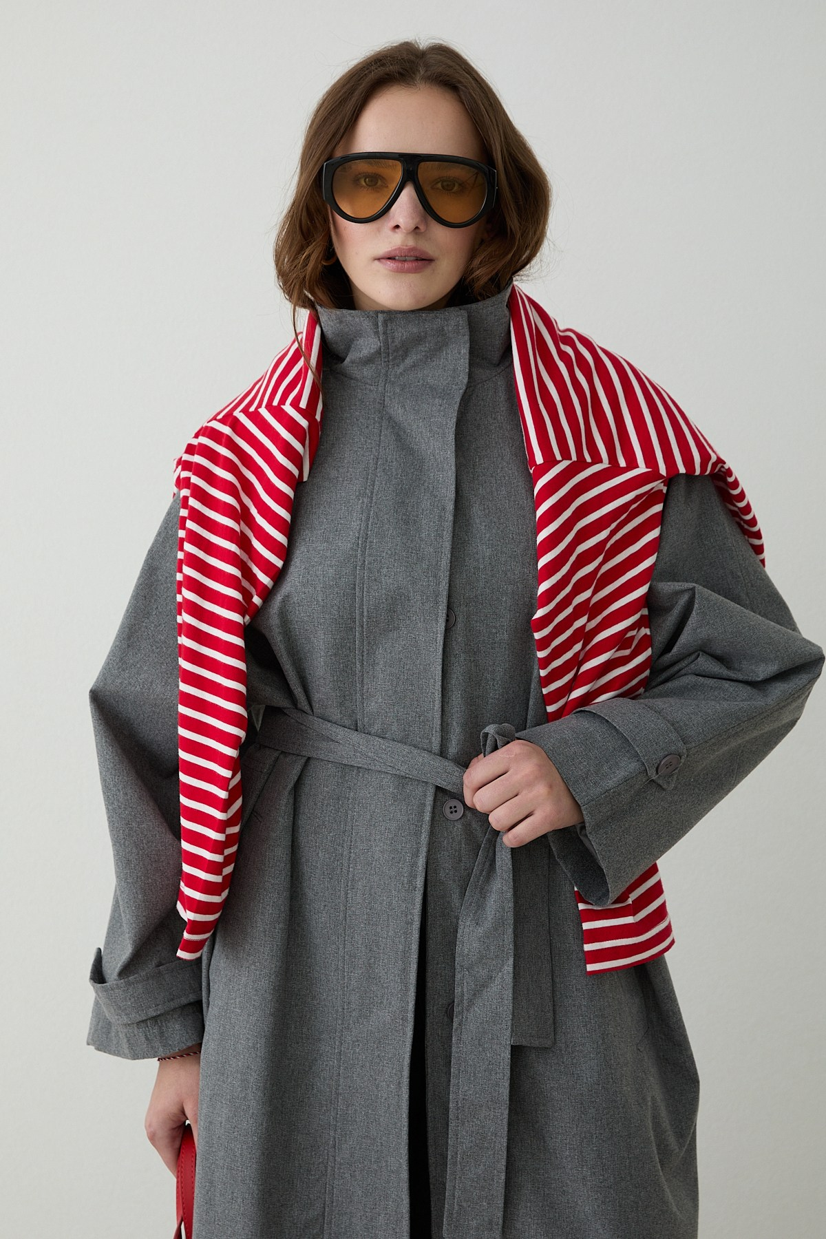 Kuşaklı Oversize Trençkot - Gri
