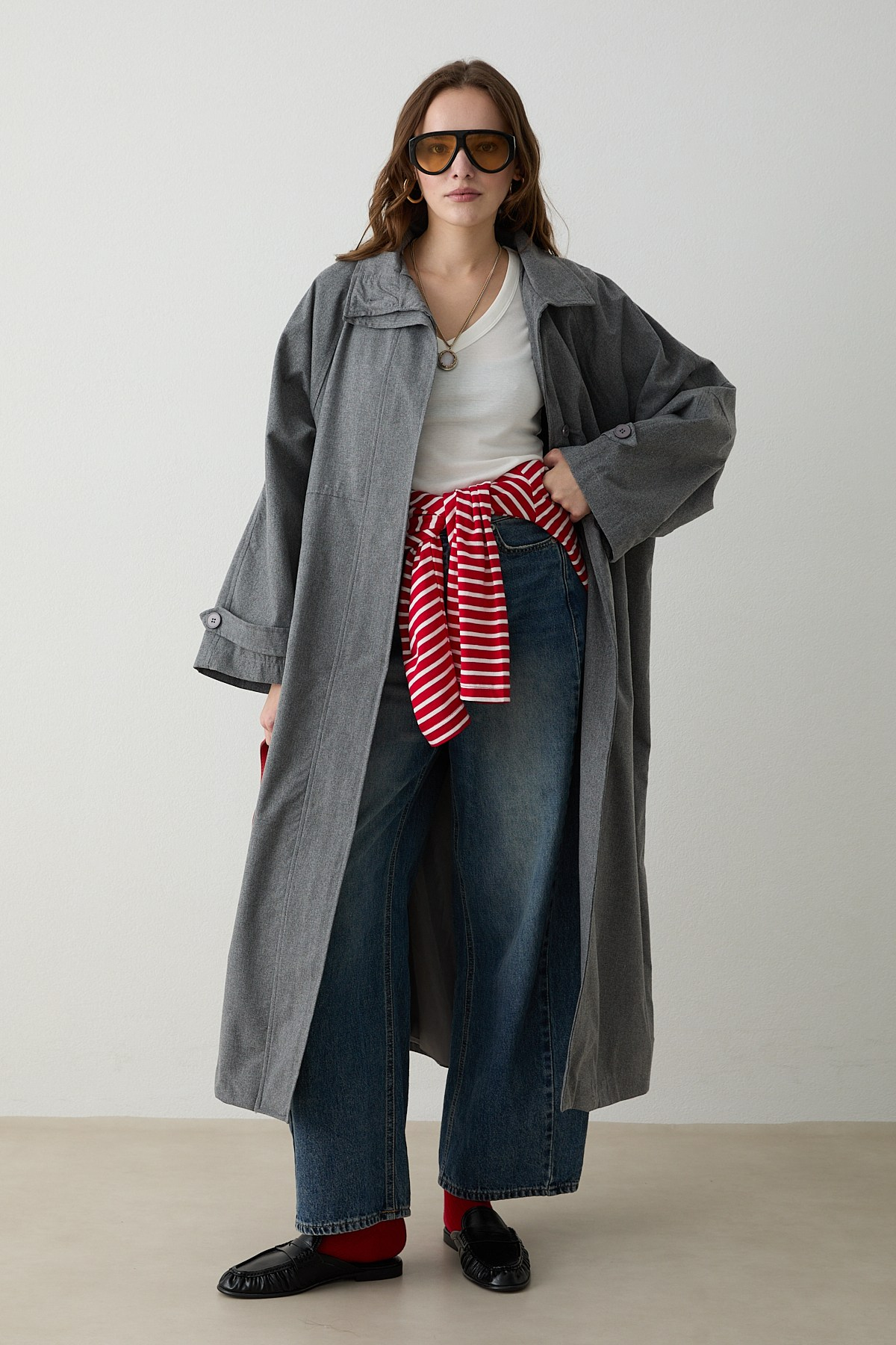 Kuşaklı Oversize Trençkot - Gri