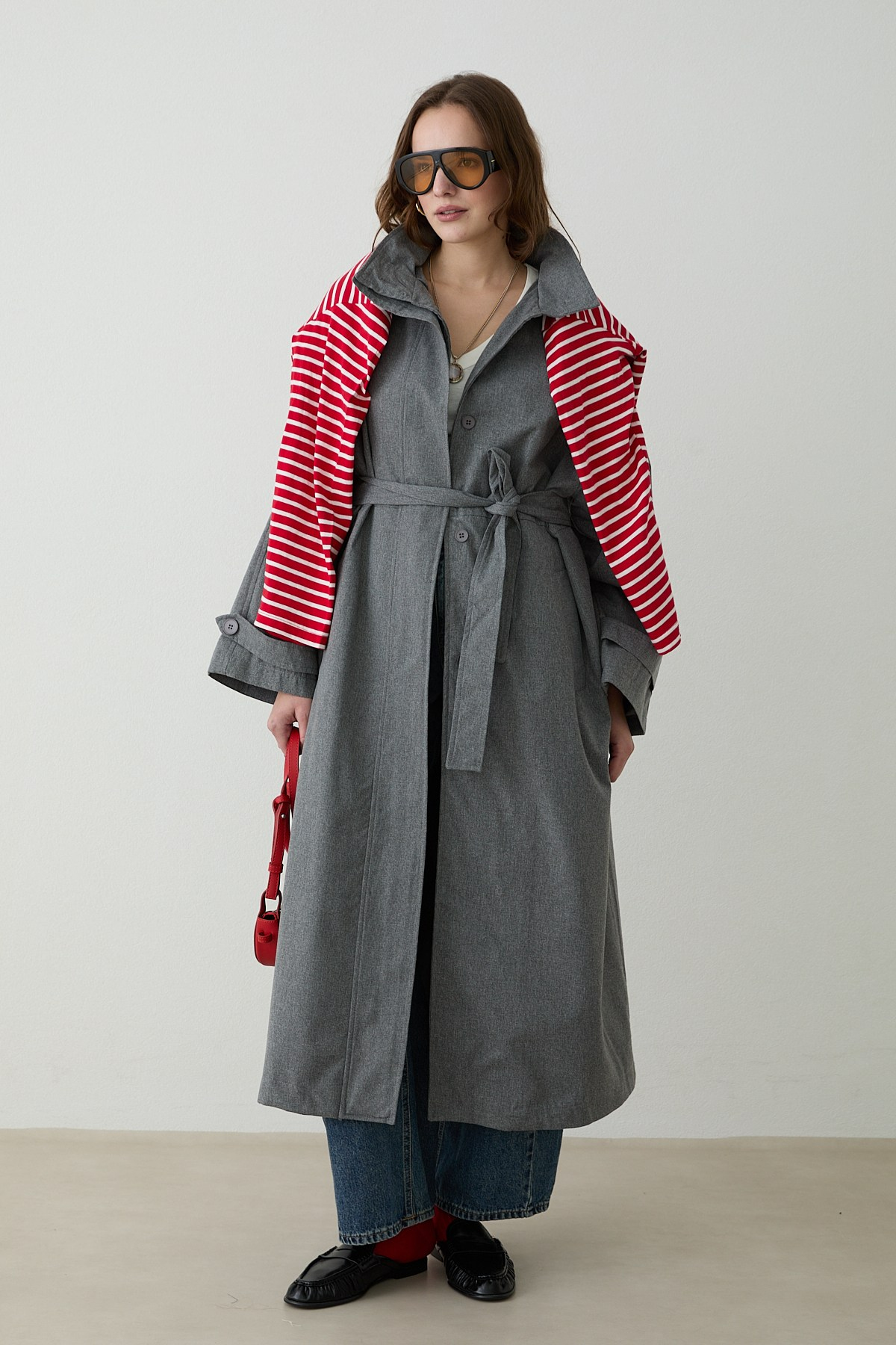 Kuşaklı Oversize Trençkot - Gri