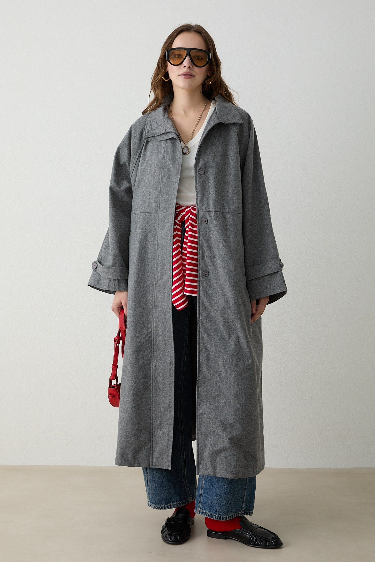Kuşaklı Oversize Trençkot - Gri