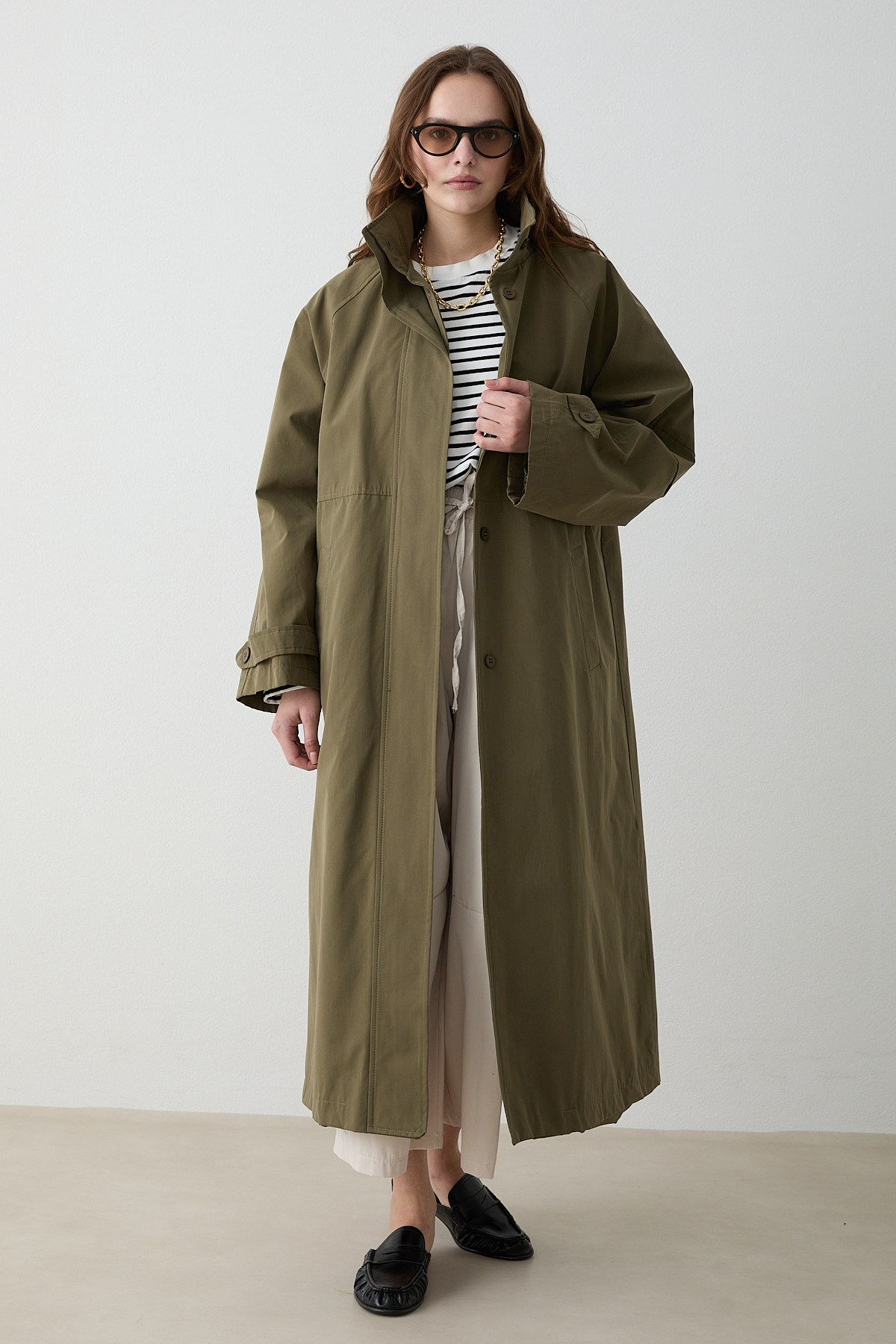 Kuşaklı Oversize Trençkot - Haki