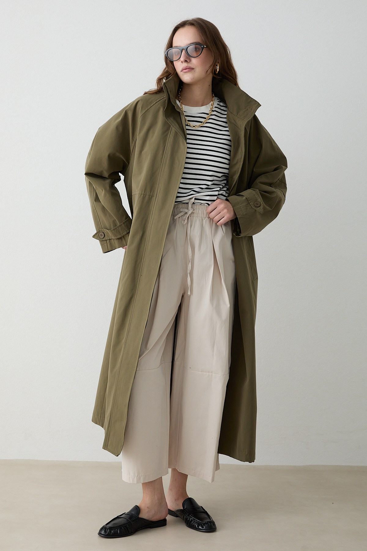 Kuşaklı Oversize Trençkot - Haki