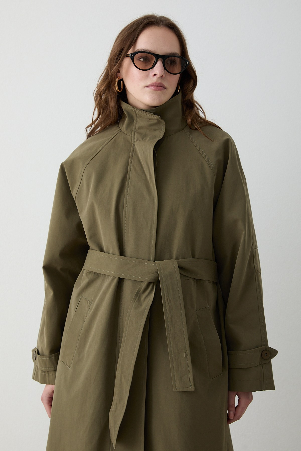 Kuşaklı Oversize Trençkot - Haki