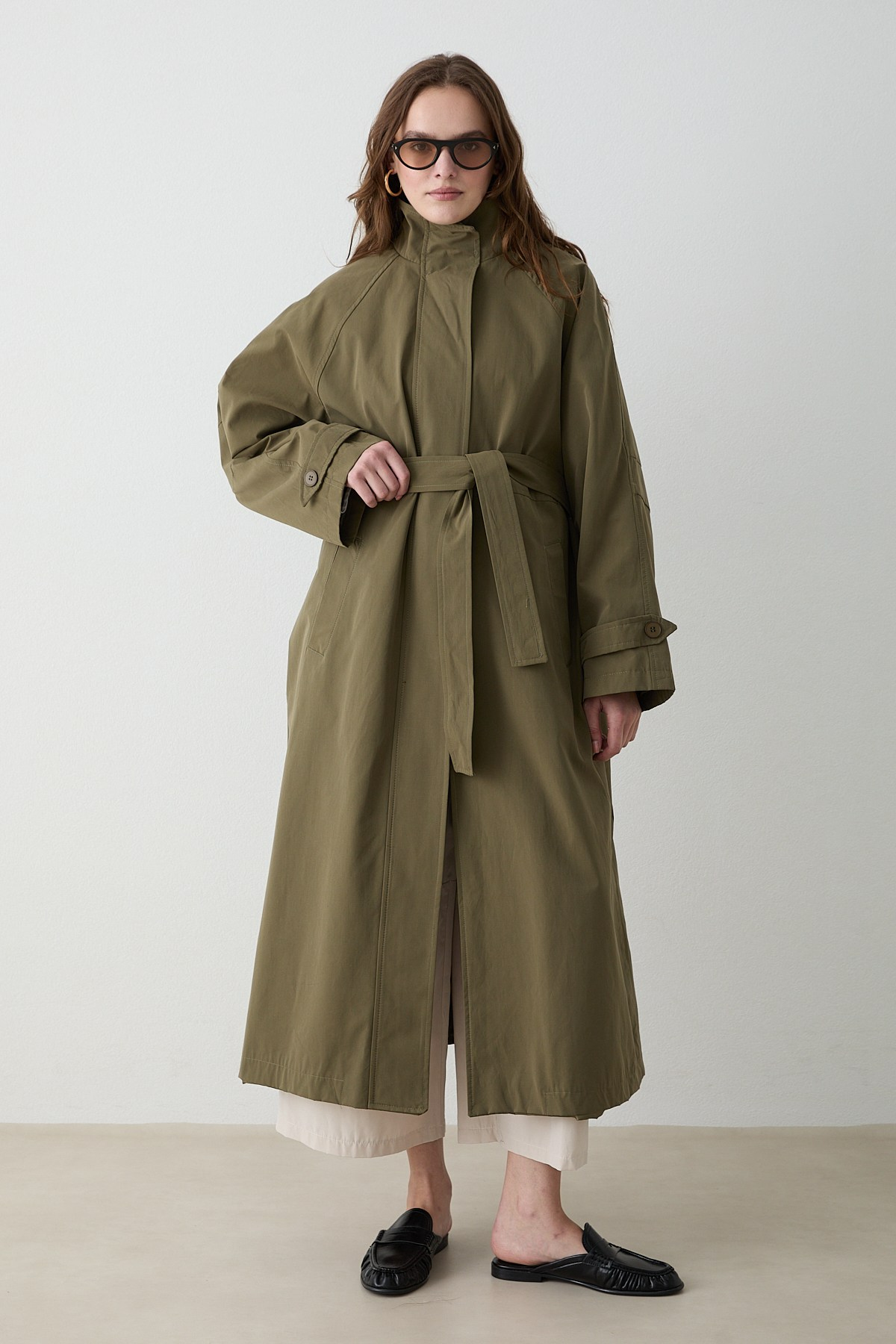 Kuşaklı Oversize Trençkot - Haki