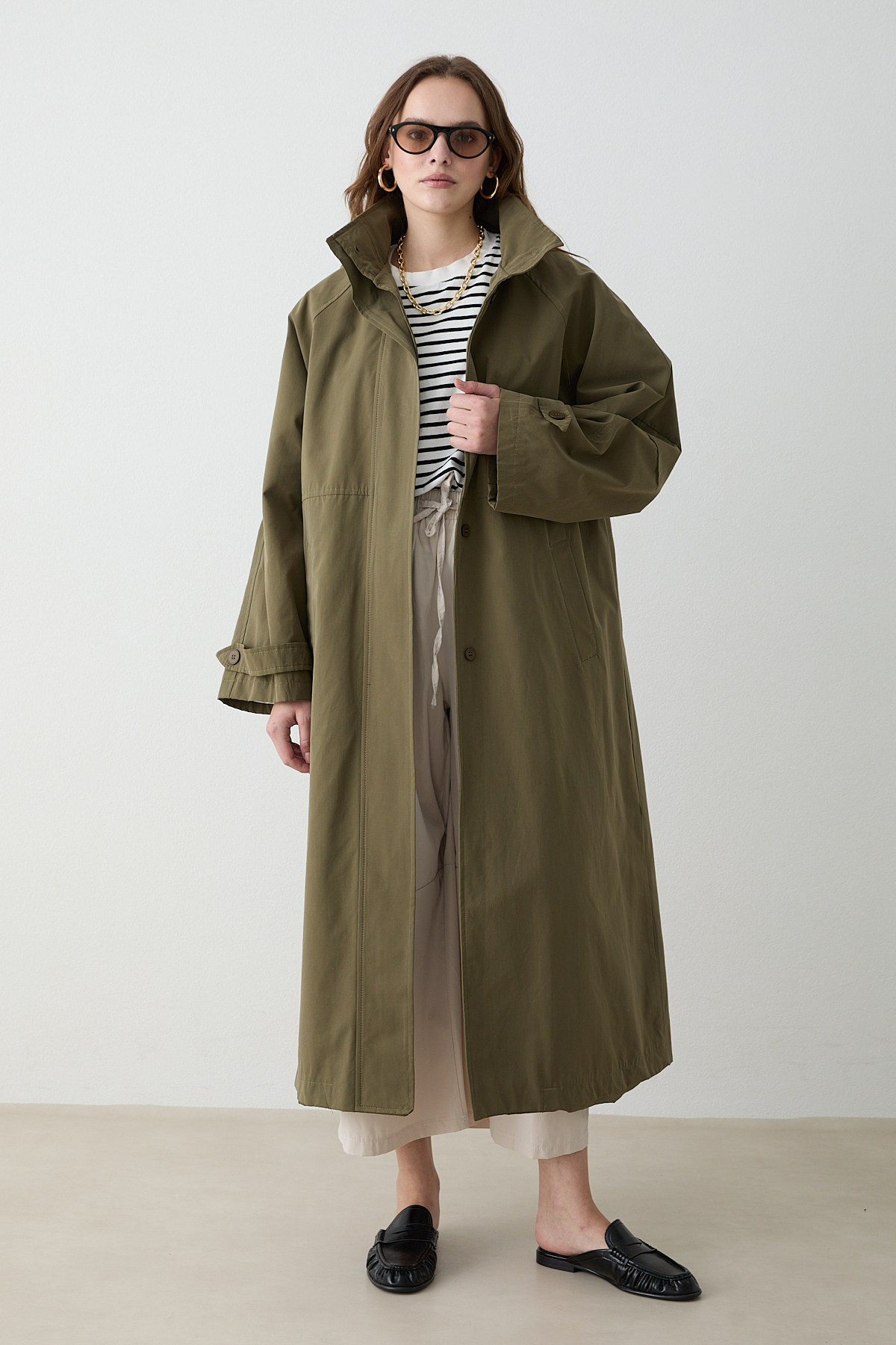 Kuşaklı Oversize Trençkot - Haki