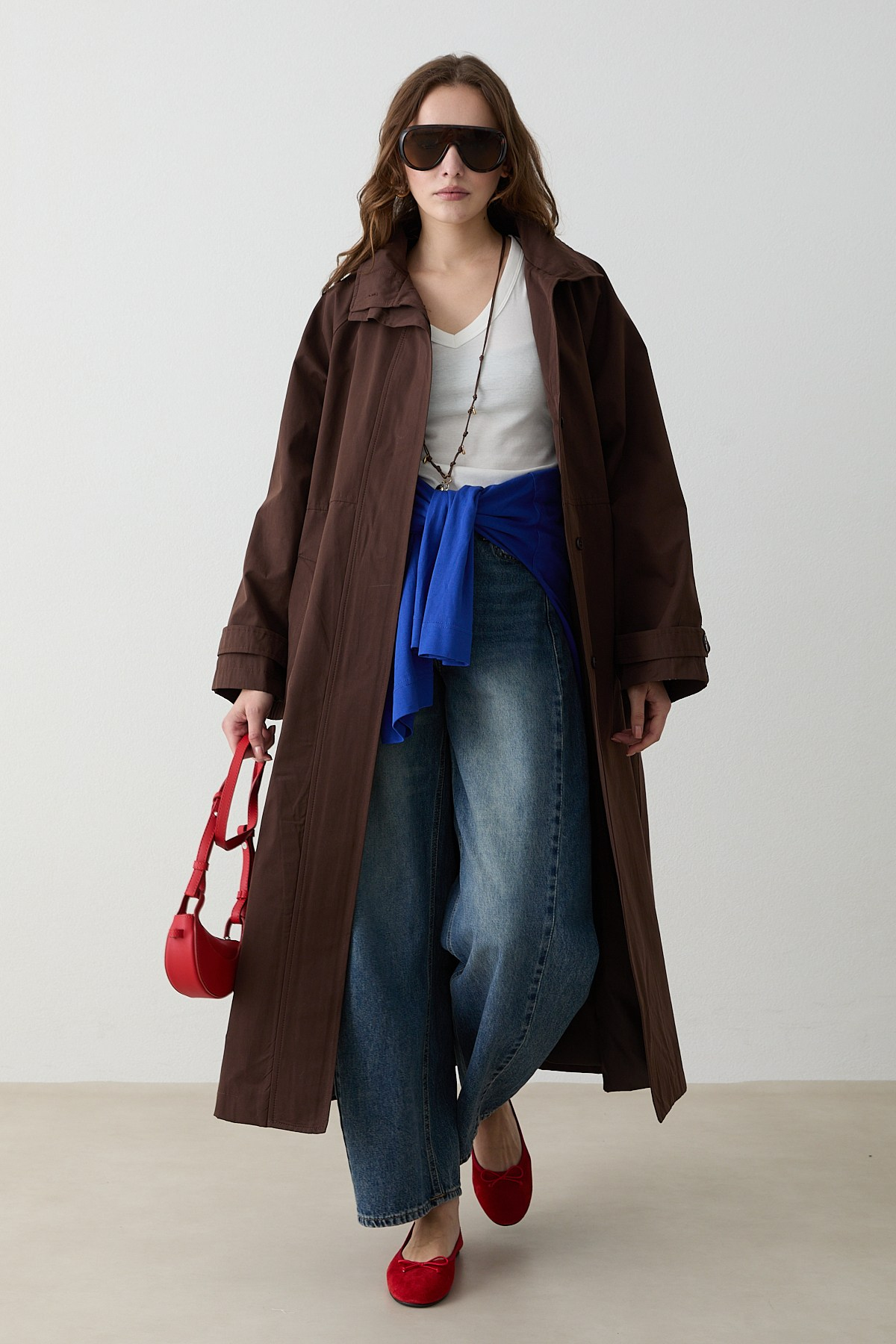 Kuşaklı Oversize Trençkot - Kahve