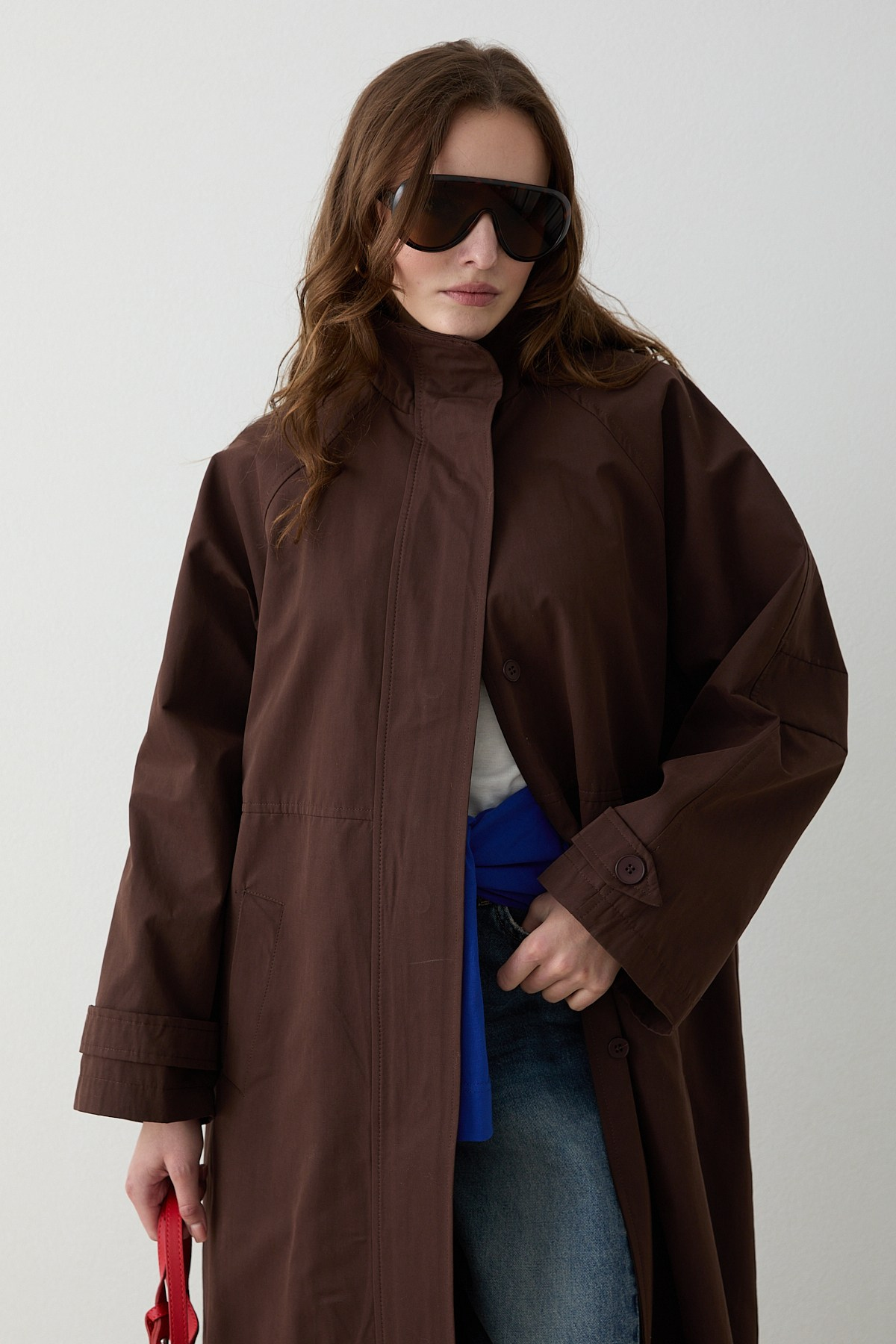Kuşaklı Oversize Trençkot - Kahve