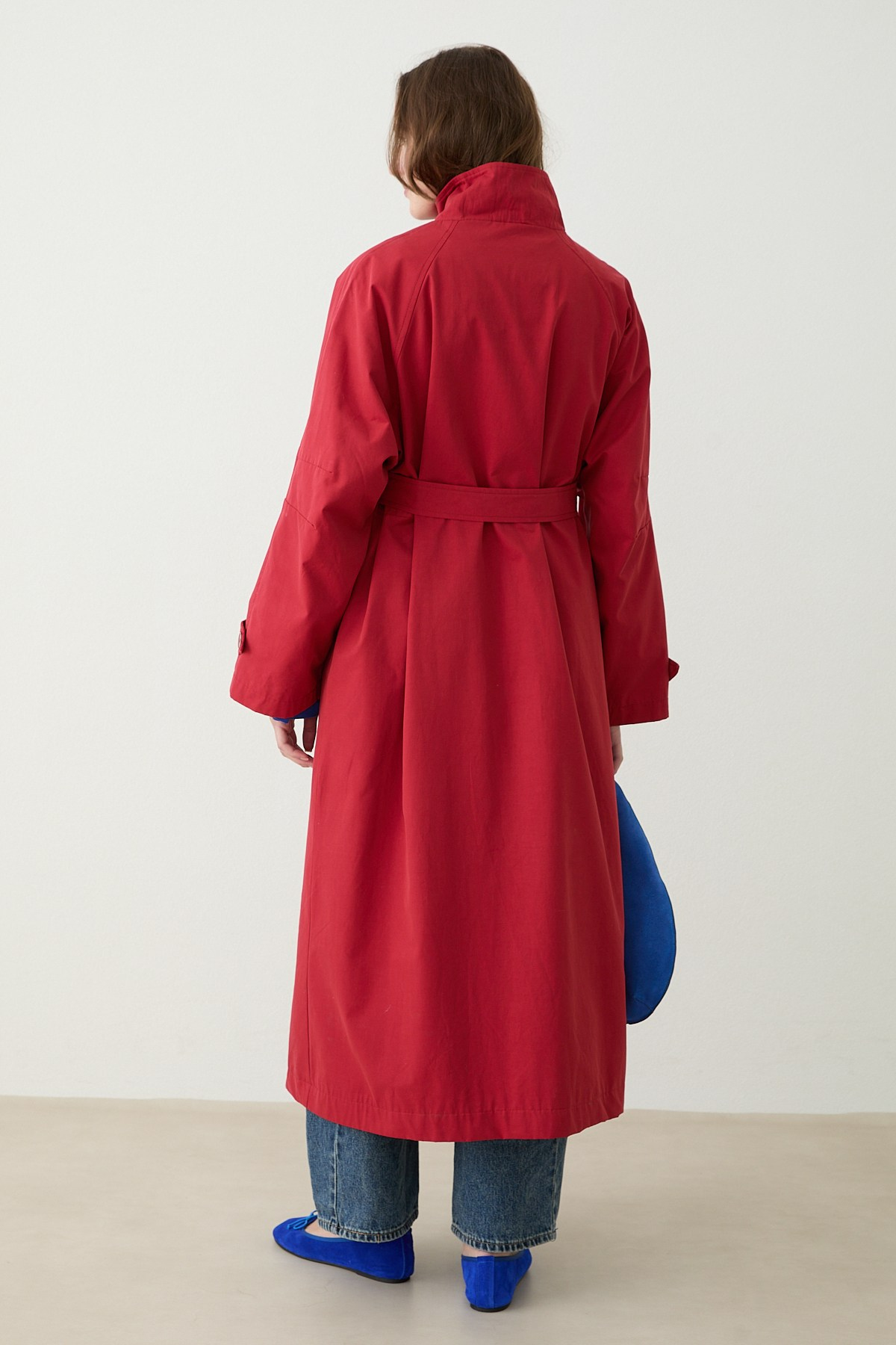 Kuşaklı Oversize Trençkot - Kırmızı