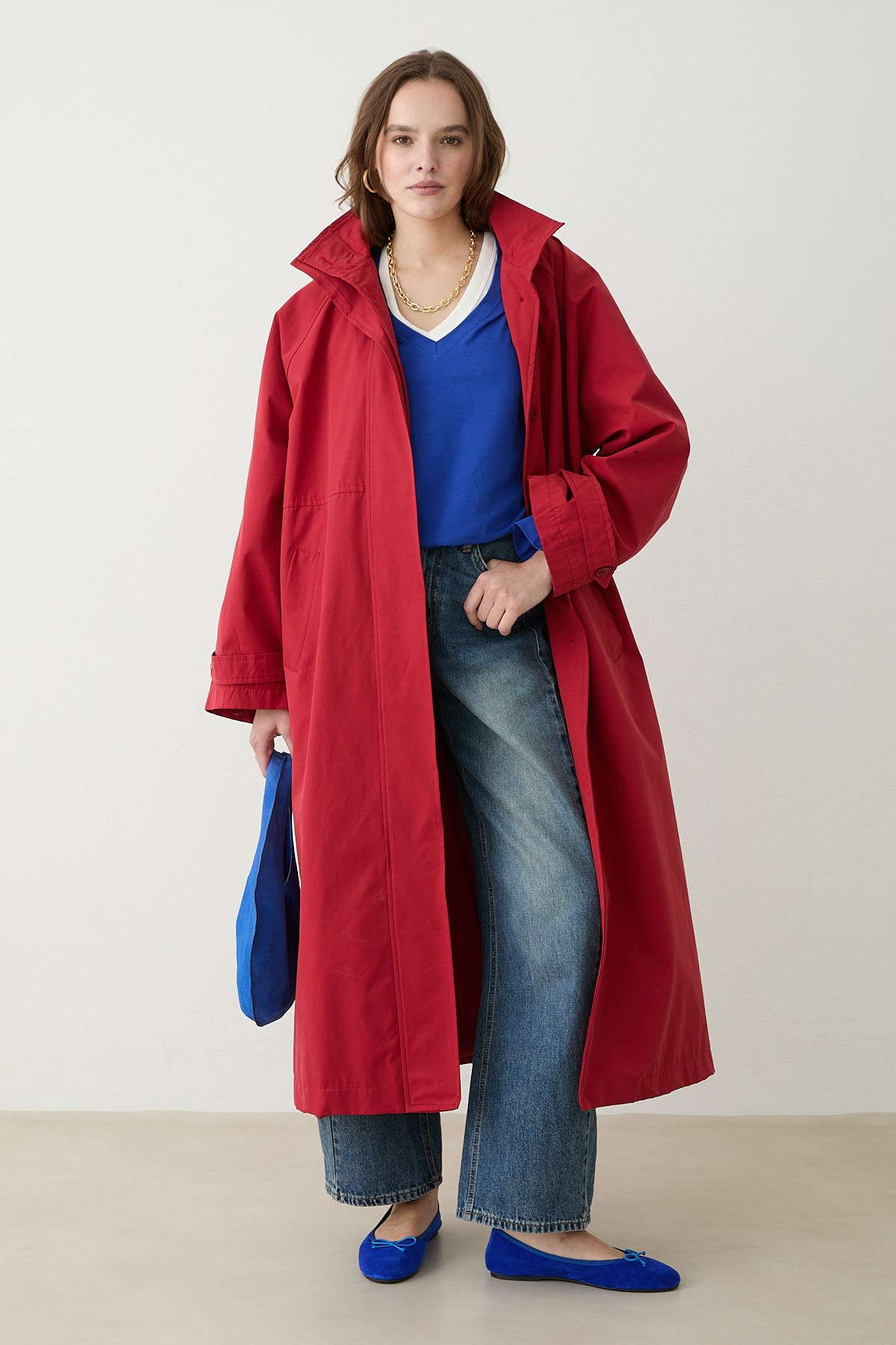 Kuşaklı Oversize Trençkot - Kırmızı