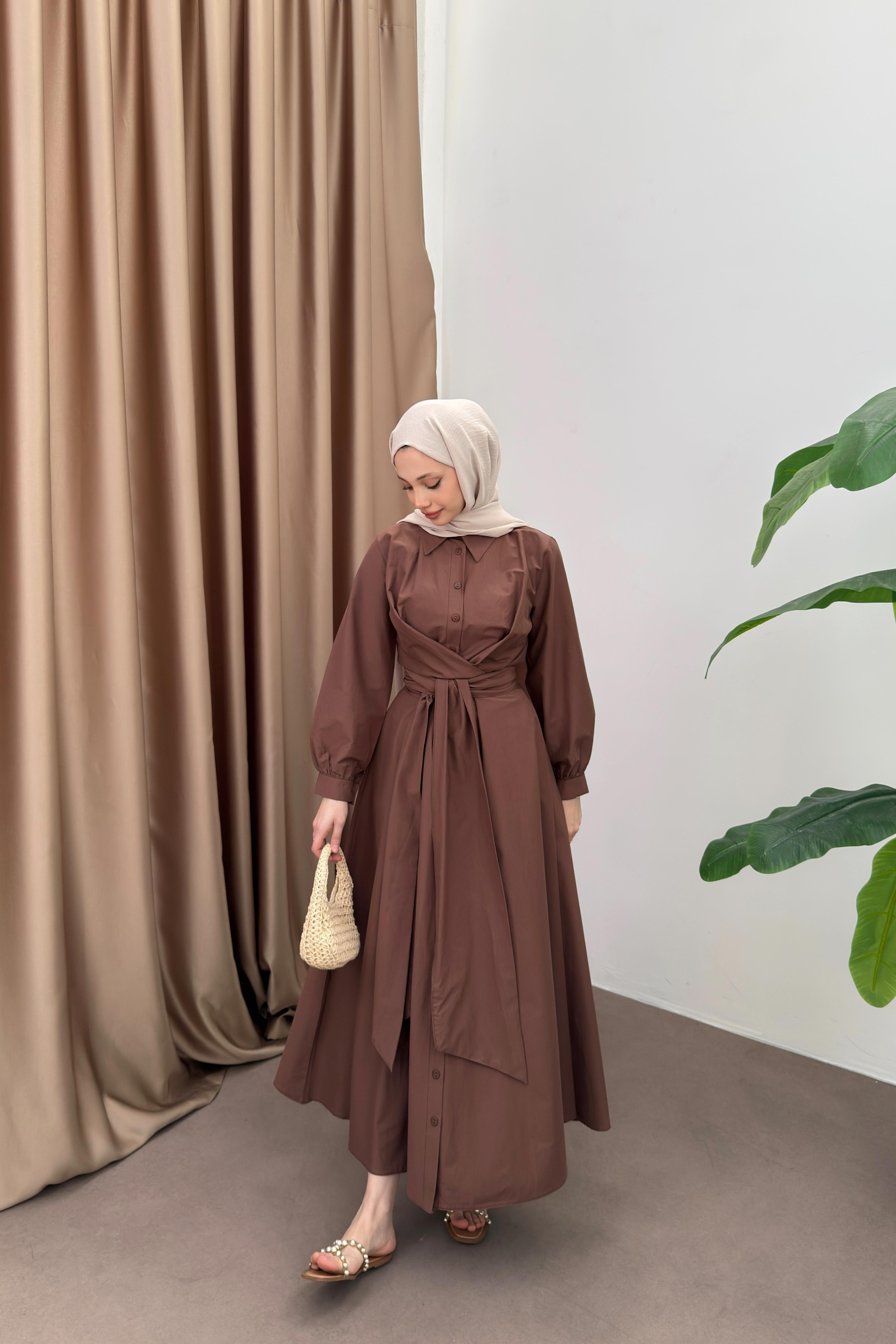 Kuşaklı Poplin Elbise - Kahve
