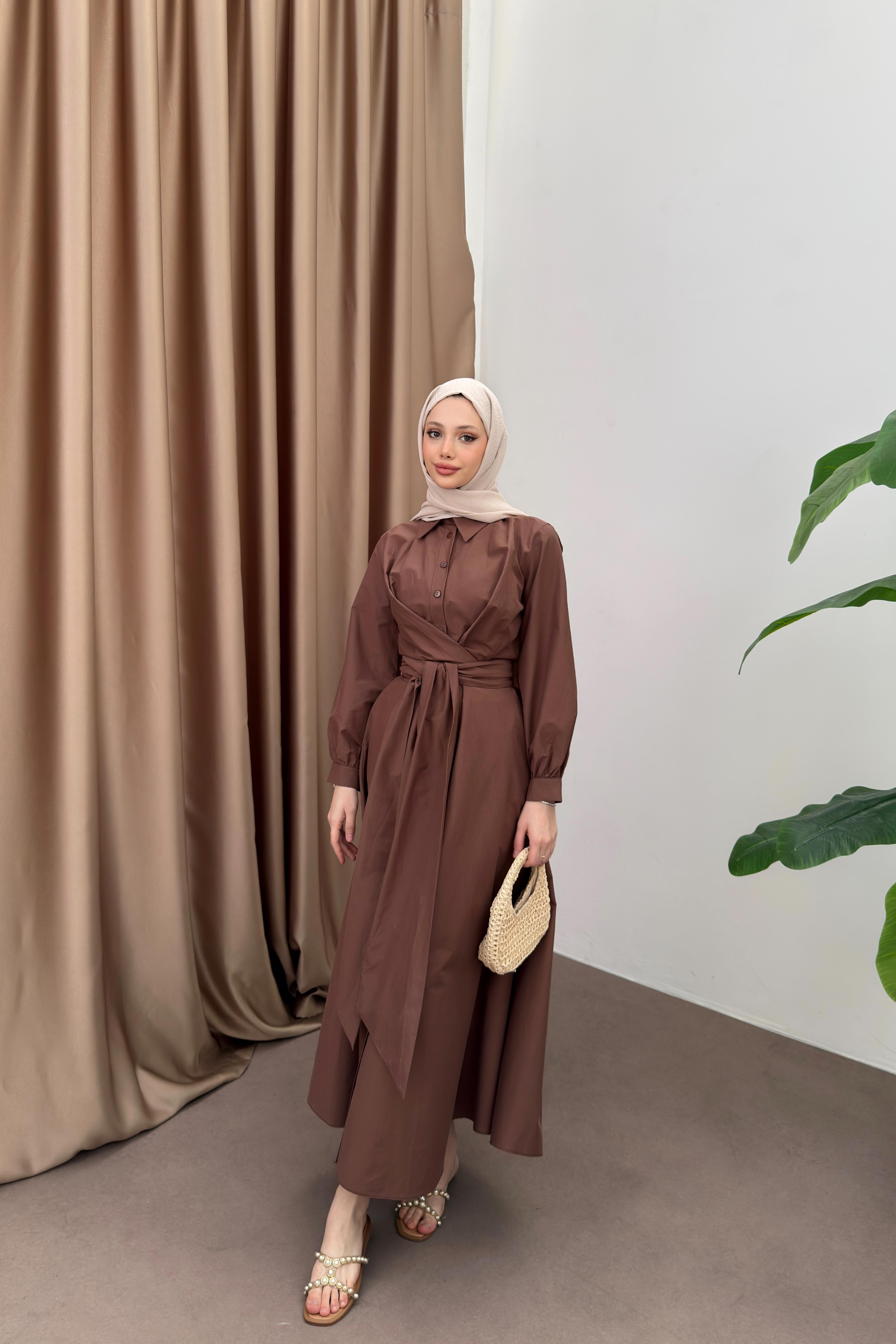 Kuşaklı Poplin Elbise - Kahve