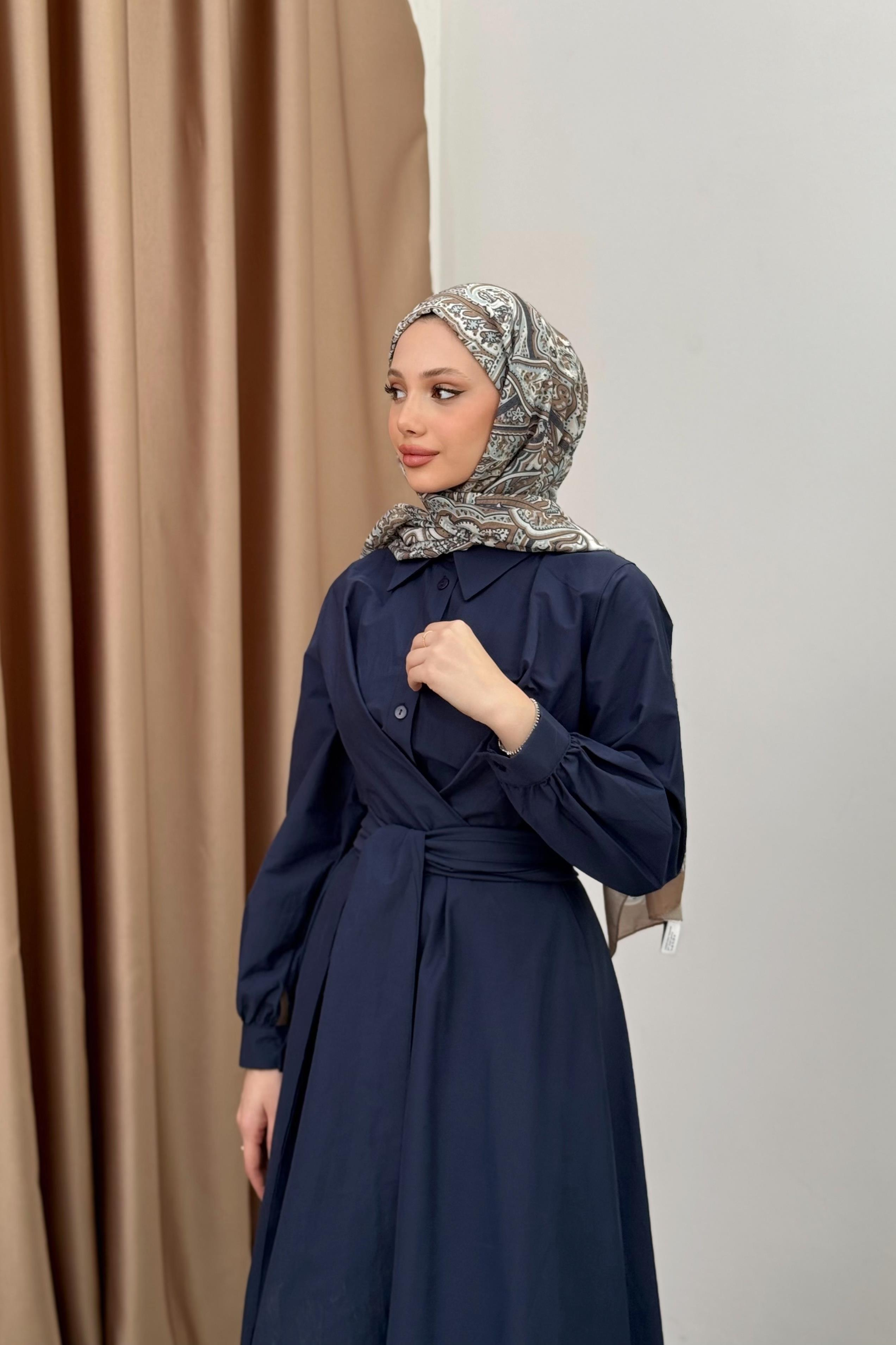 Kuşaklı Poplin Elbise - Lacivert