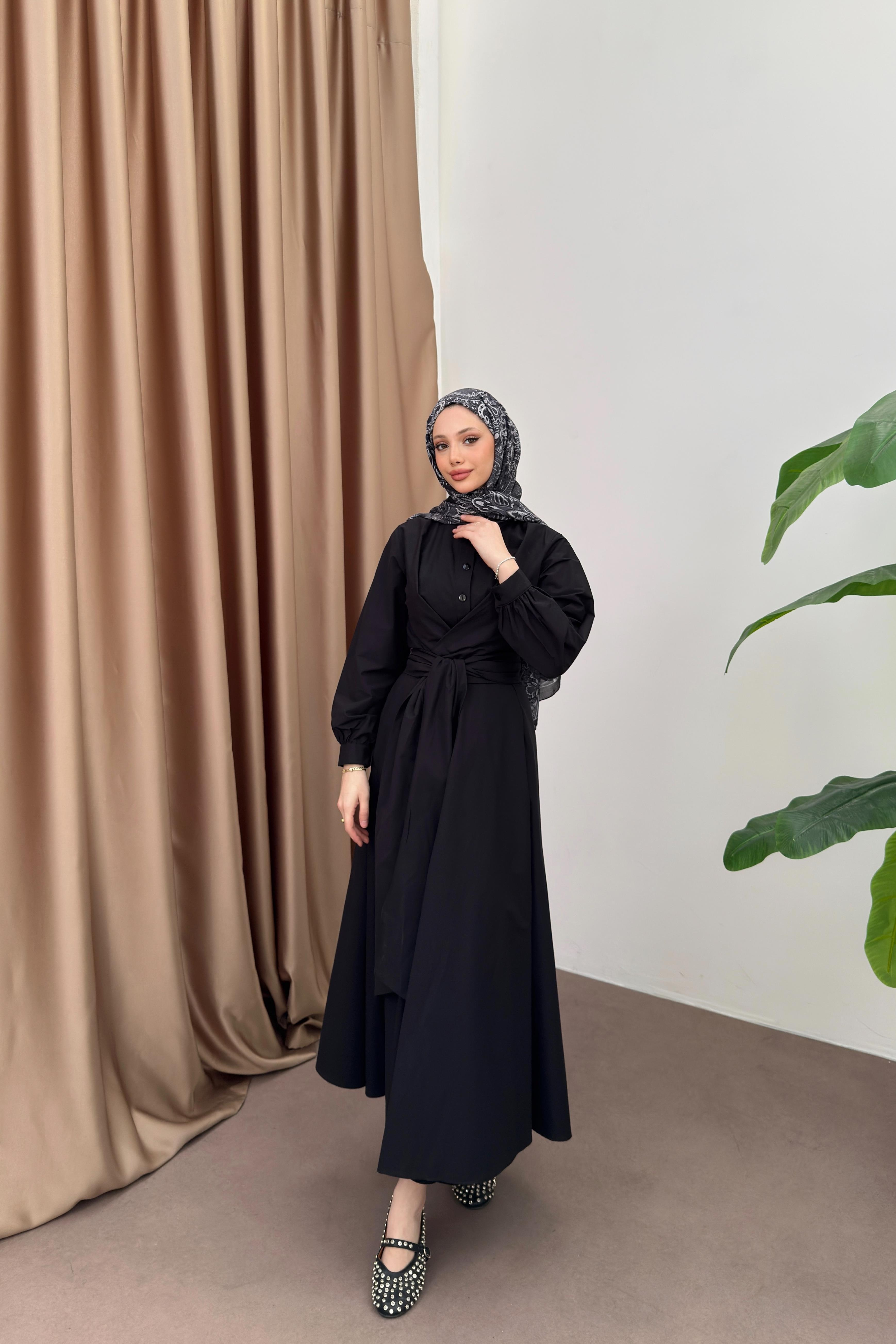 Kuşaklı Poplin Elbise - Siyah