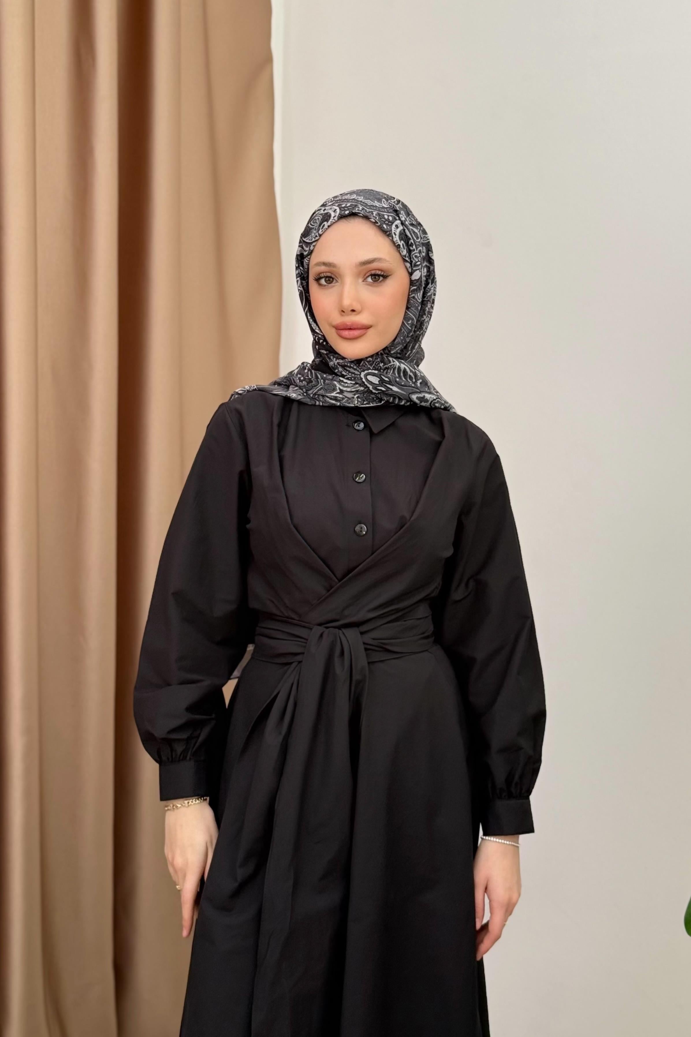 Kuşaklı Poplin Elbise - Siyah