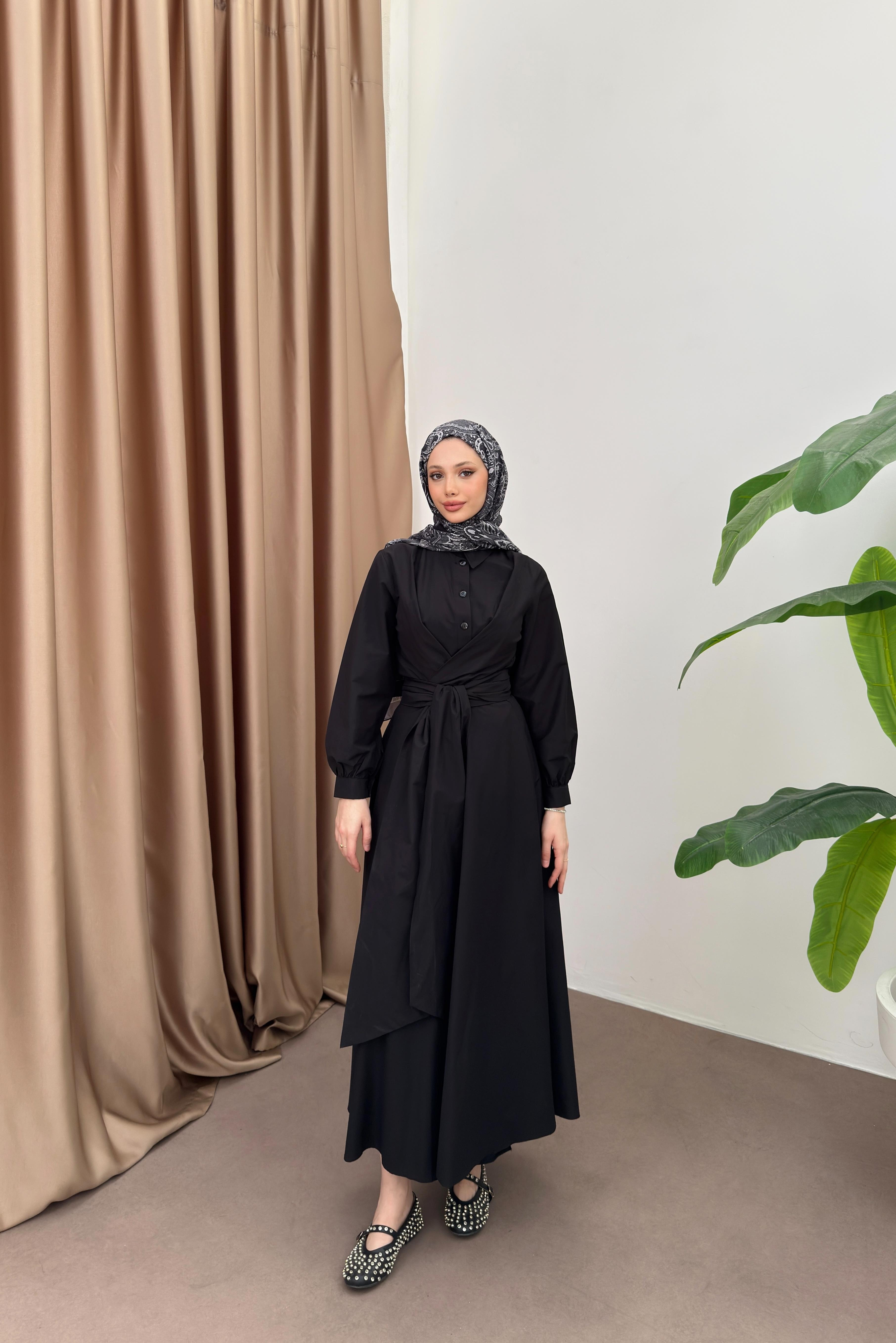 Kuşaklı Poplin Elbise - Siyah