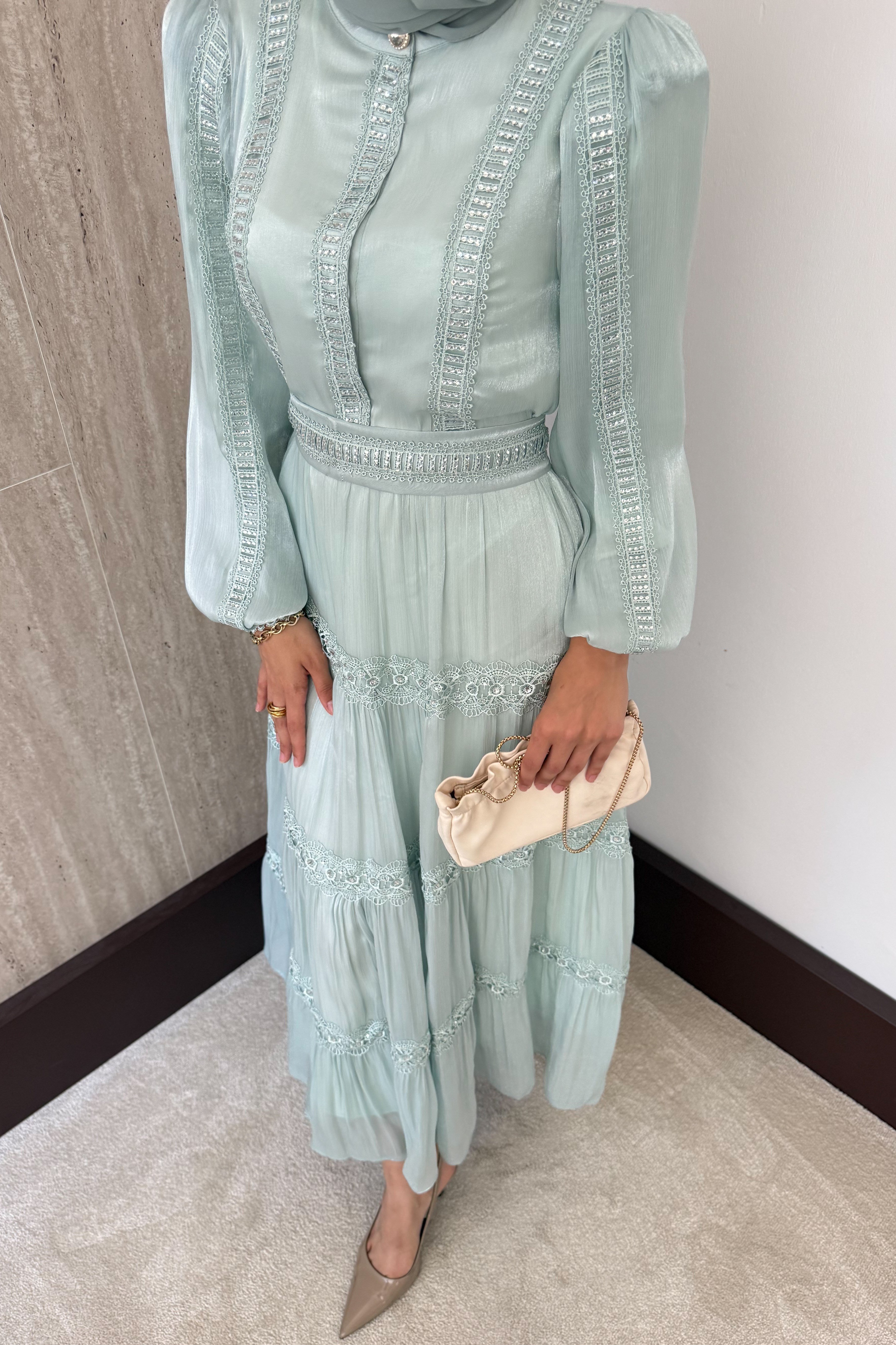 Lavinya Taşlı İthal Elbise - Mint