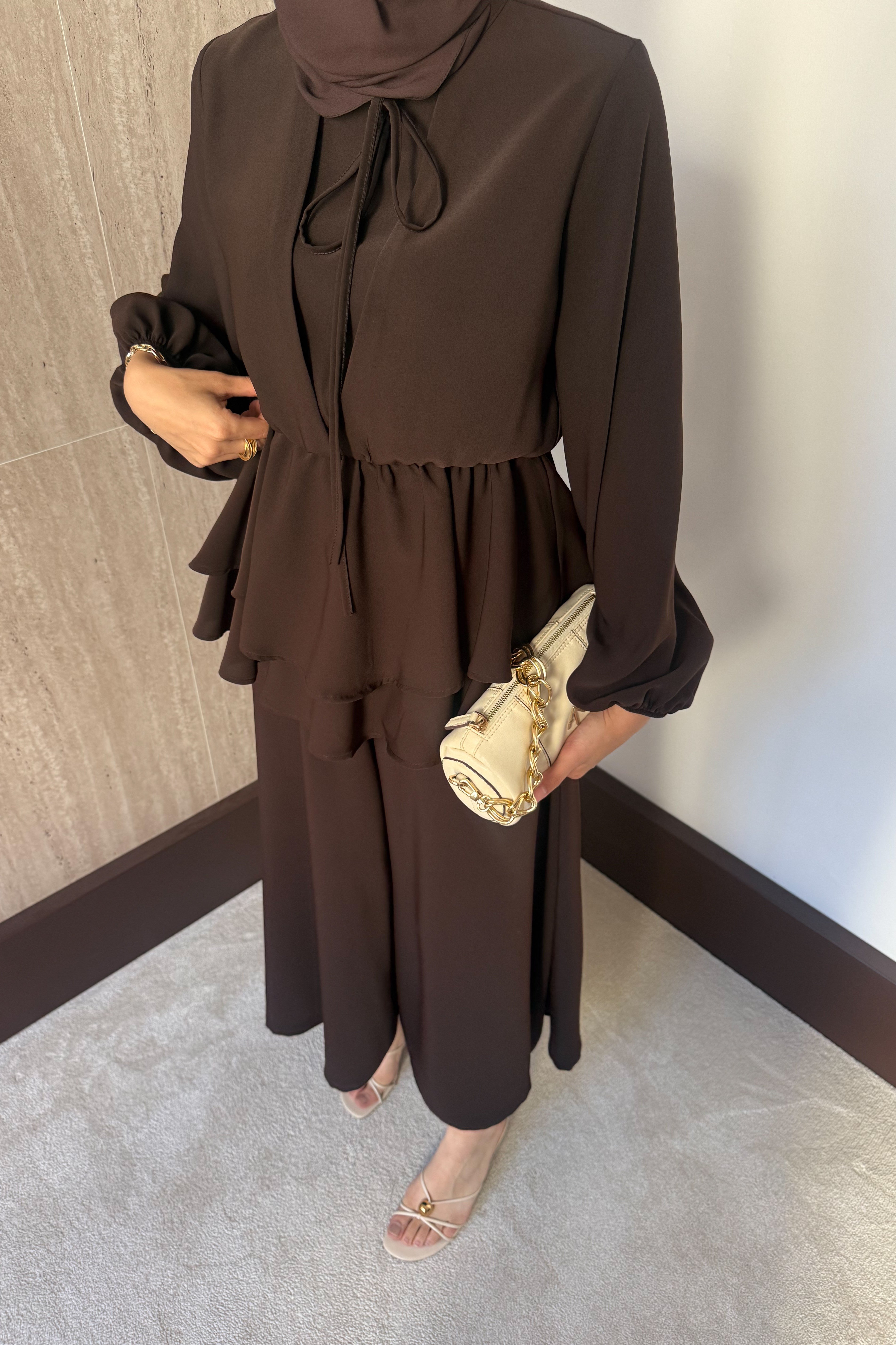 Liya Krep Pantolonlu Takım - Kahve