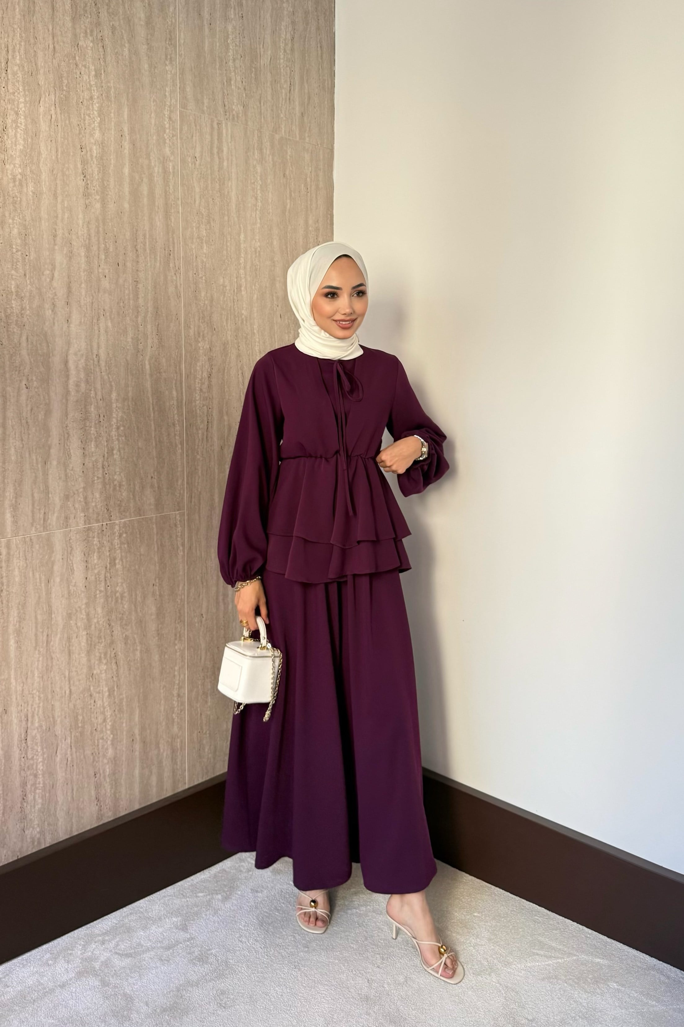 Liya Krep Pantolonlu Takım - Mürdüm