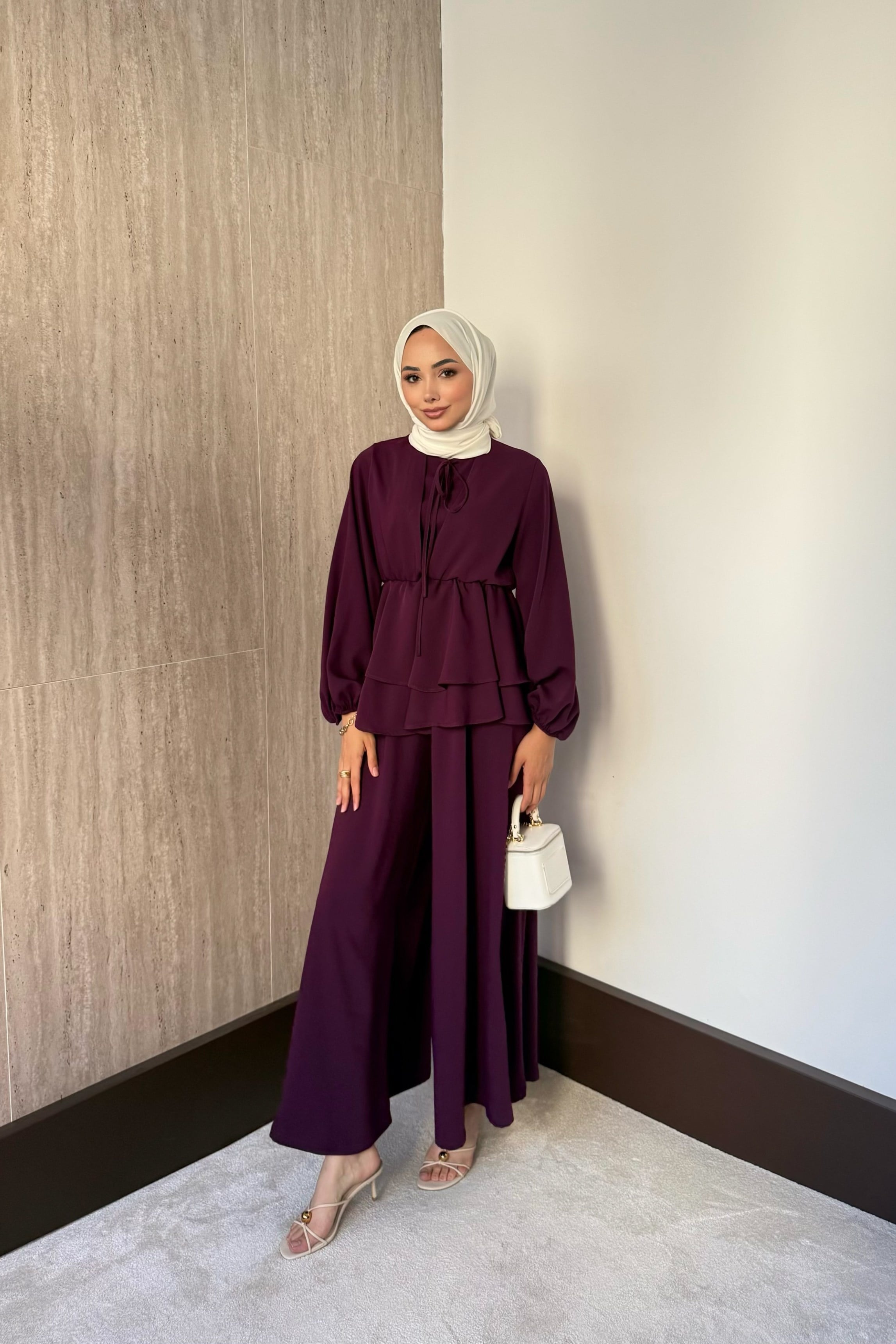 Liya Krep Pantolonlu Takım - Mürdüm