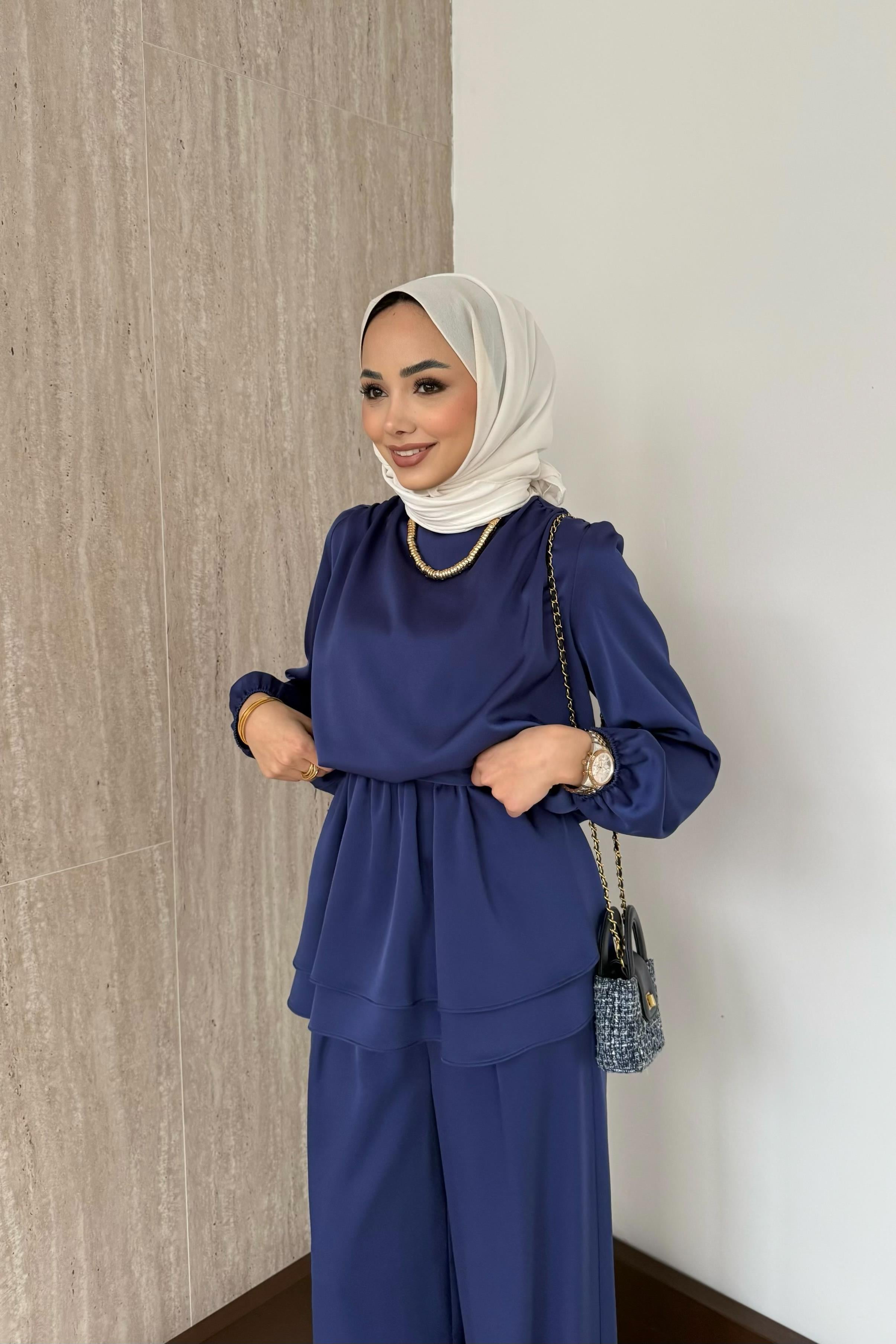 Liya Saten Pantolonlu Takım - Saks